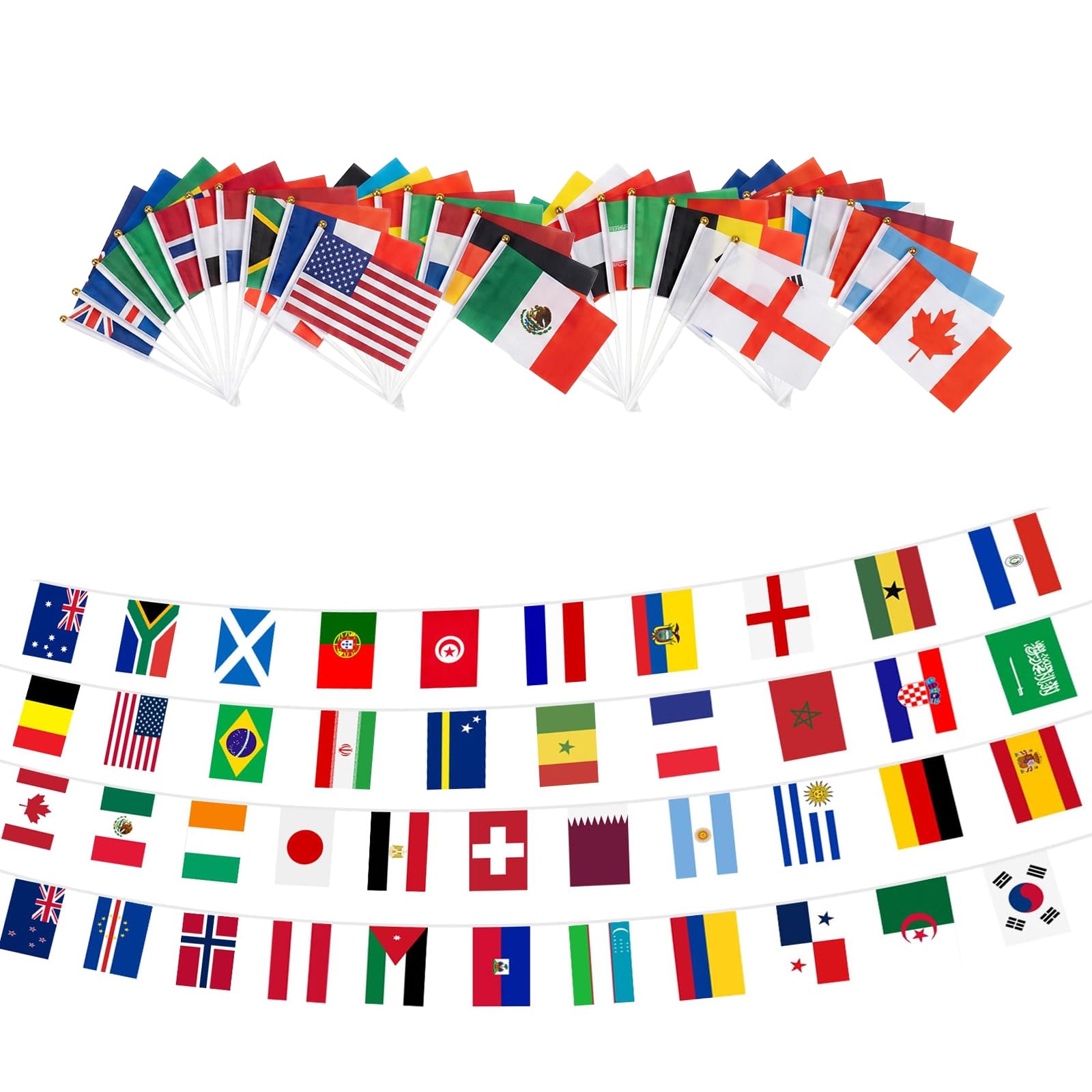 15M World Cup Bunting 2026 with 48 Stick Flags, International Flag Bunting and Handheld Country Flags, Football World Cup Party Decor, Garden Street Festival Supplies (48 Flags & 15M String)