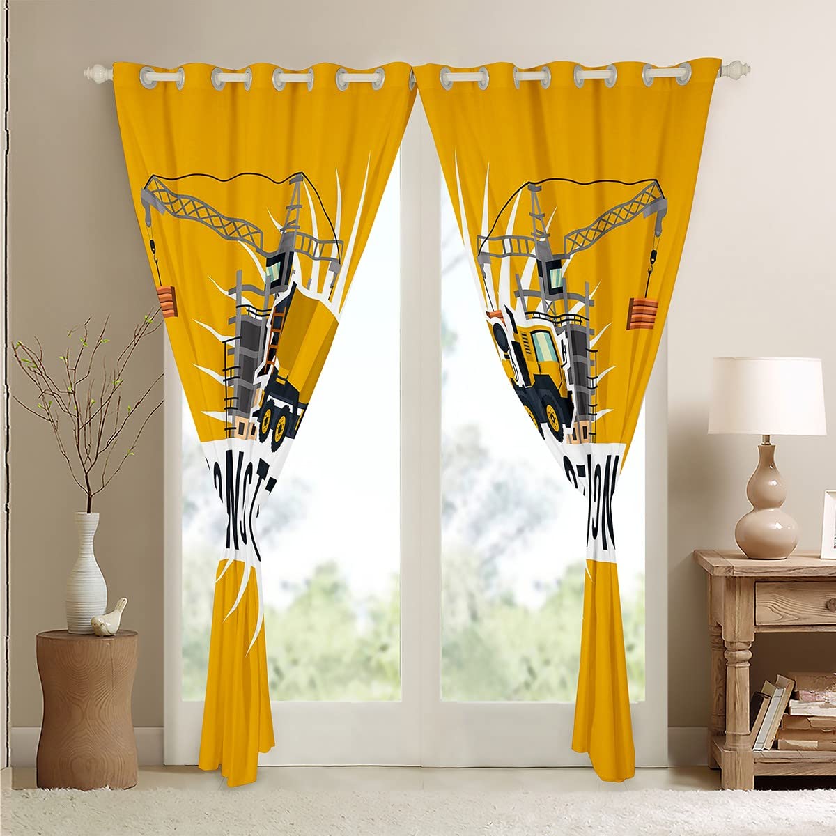Cortina de Excavadora para niños, construcción de vehículos, Cortina de oscurecimiento para niños, maquinaria Pesada, Coches, Cortina Opaca (30%-50%), Equipos, Camiones, Cortinas de Ventana de 66 x 9