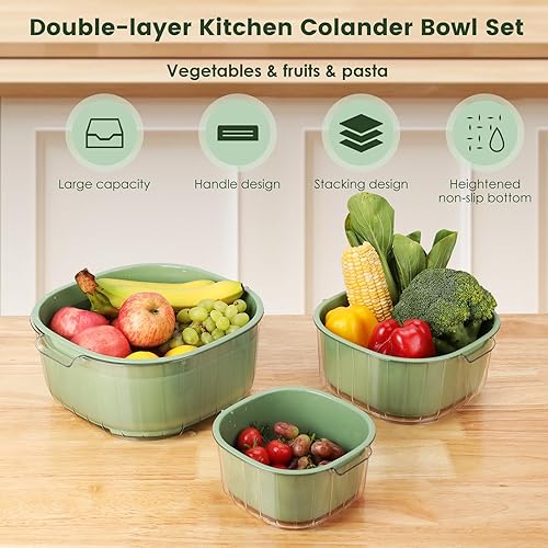 Miniatura 3 de Coladores y coladores grandes de 8.2 cuartos de galón, 3 juegos de coladores de plástico 2 en 1 de doble capa para cocina, cesta de lavado de frutas