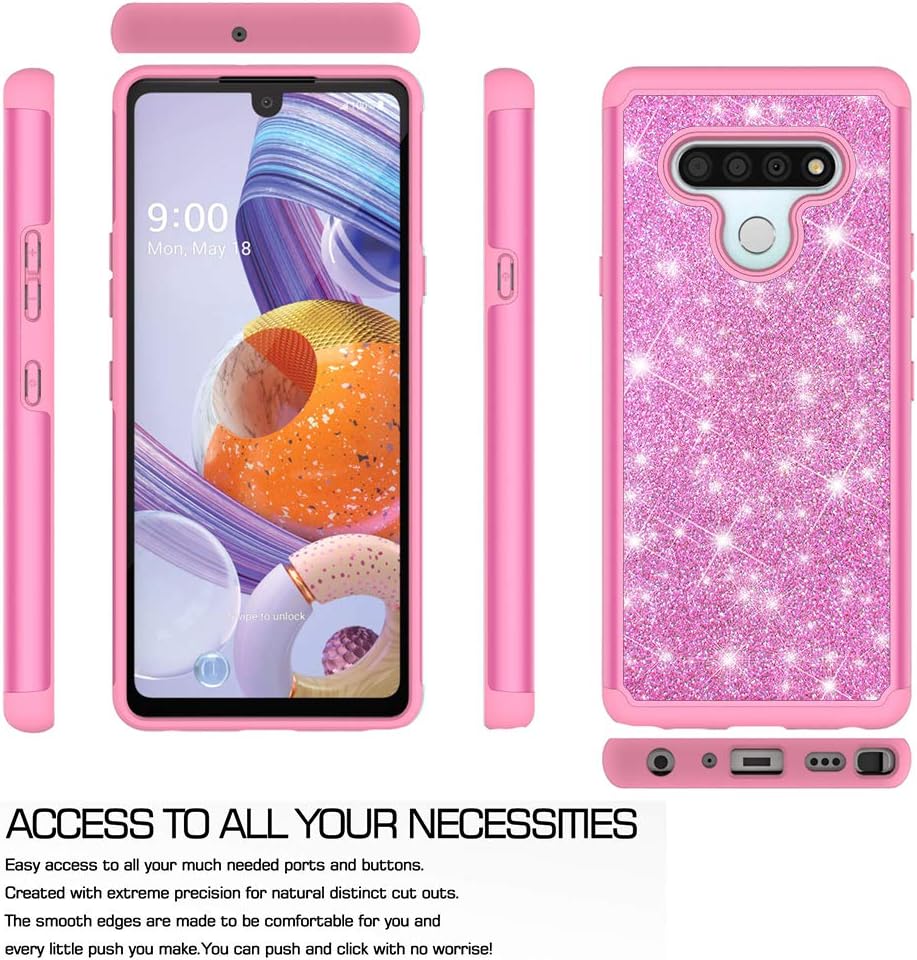 Galaxy Wireless Case for LG Stylo 6 Case with Tempered Glass Screen Protector for Girls Women, Glitter Bling Sparkle Dual Layer Heavy Duty Protective Phone Cover Cases - Hot Pink