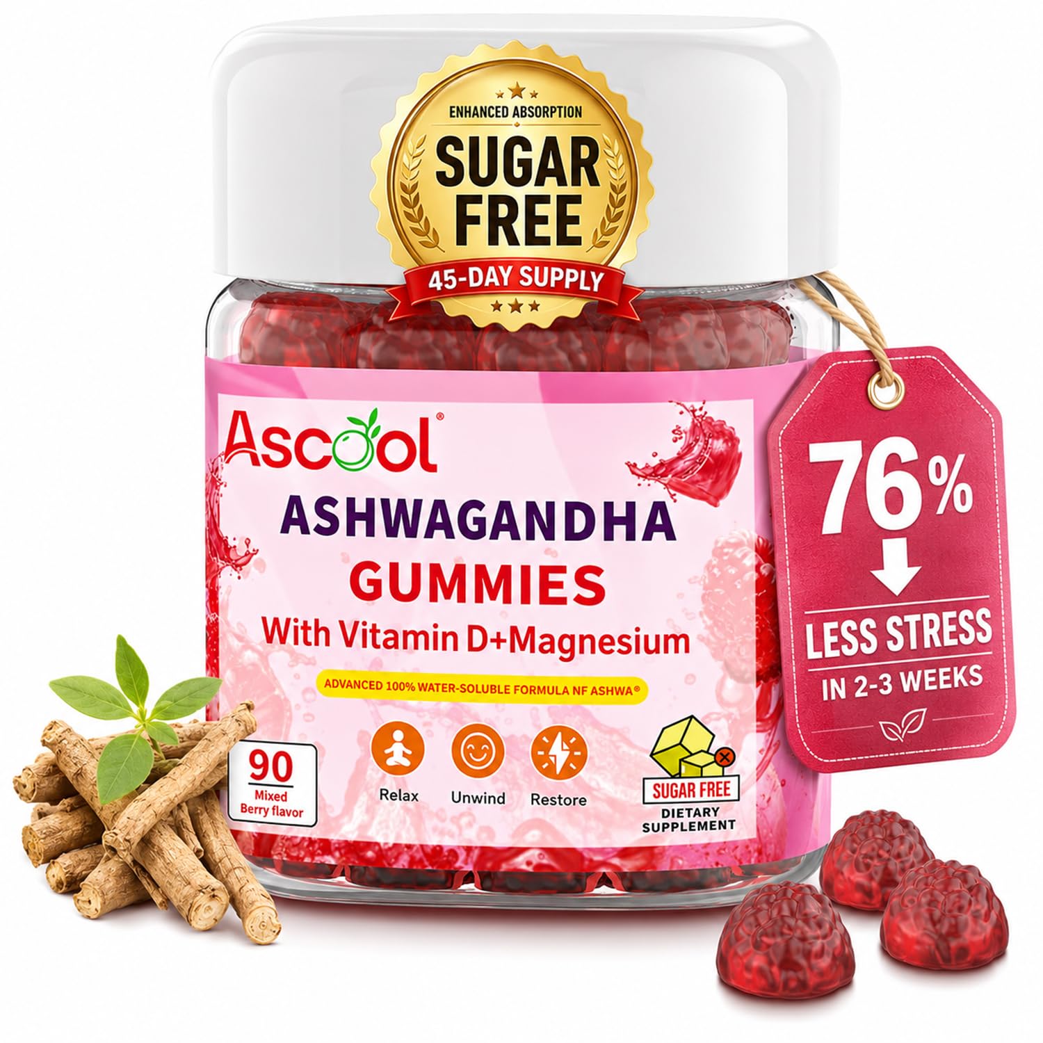 Ashwagandha Gummies for Calm &Stress Relief | With Magnesium + Vitamin D, Sugar-Free ，90 Count, Vegan, Daily Ashwa Supplements