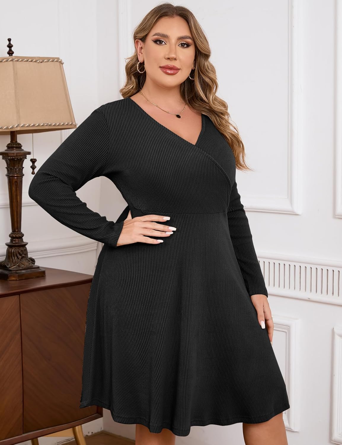 ZOMVA Plus Size Sweater Dress V Neck A-line Knee Length Dress Fall Winter Casual Ribbed Knit Long Sleeves - Image 2
