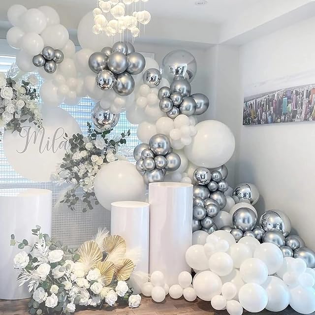 Decoration Balloons, 139 Pack White Silver Balloon Arch Garland Kit Shiny Latex Confetti Balloons Chrome Party Balloons White Grey Silver Metallic Balloons for Wedding Birthday Party Decoration