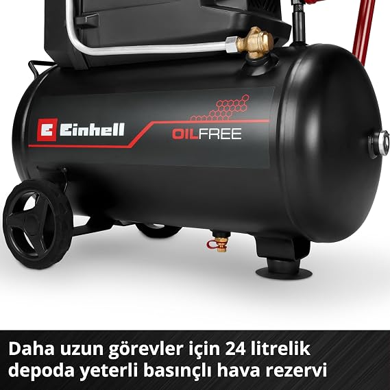 Einhell kompresör TC-AC 190/24/8 I OF (1.100 W, maks. 8 bar, 24 l tank, 190 l/m emiş kapasitesi, yağsız, az bakım gerektiren, basınç göstergesi, basınç regülatörü)