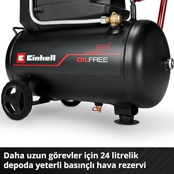 Einhell kompresör TC-AC 190/24/8 I OF (1.100 W, maks. 8 bar, 24 l tank, 190 l/m emiş kapasitesi, yağsız, az bakım gerektiren, basınç göstergesi, basınç regülatörü)