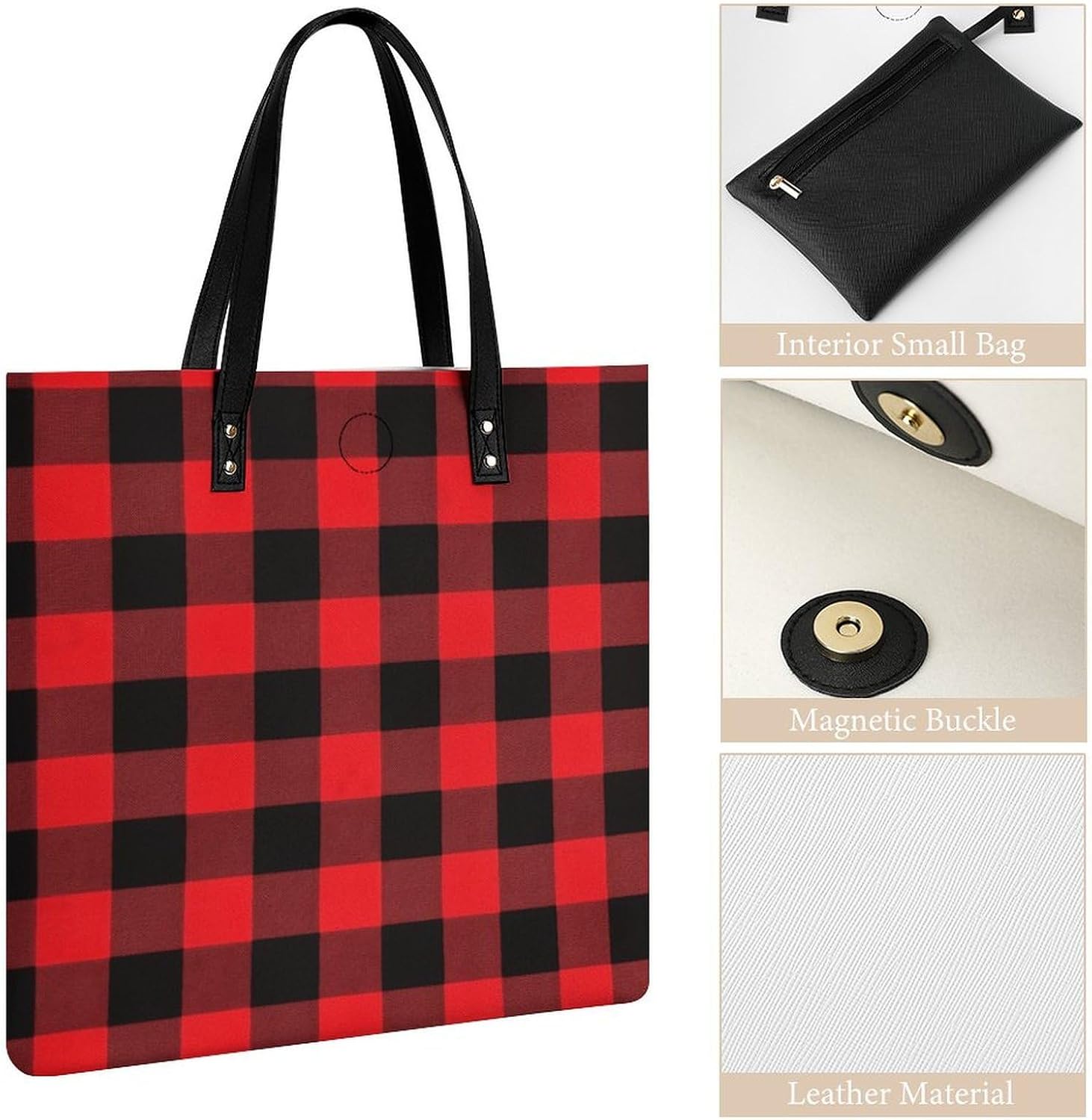 Buffalo Check Handbags Large Capacity, Tote Bag Stylish Slouchy, Shoulder Bags for Work Beach Travel And Shopping Grocery.