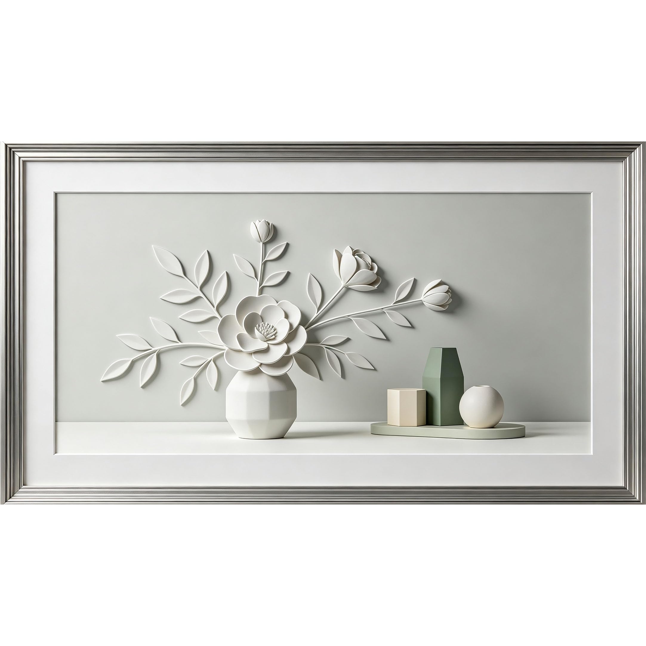 QZLITHOTIC 50x90cm3D Framed Wall Art， Minimalist Botanical White Flower Vase Self‑Adhesive Mural， Water‑Activated Peel & Stick Fabric Decor Wall Decal for Bedroom Living Room