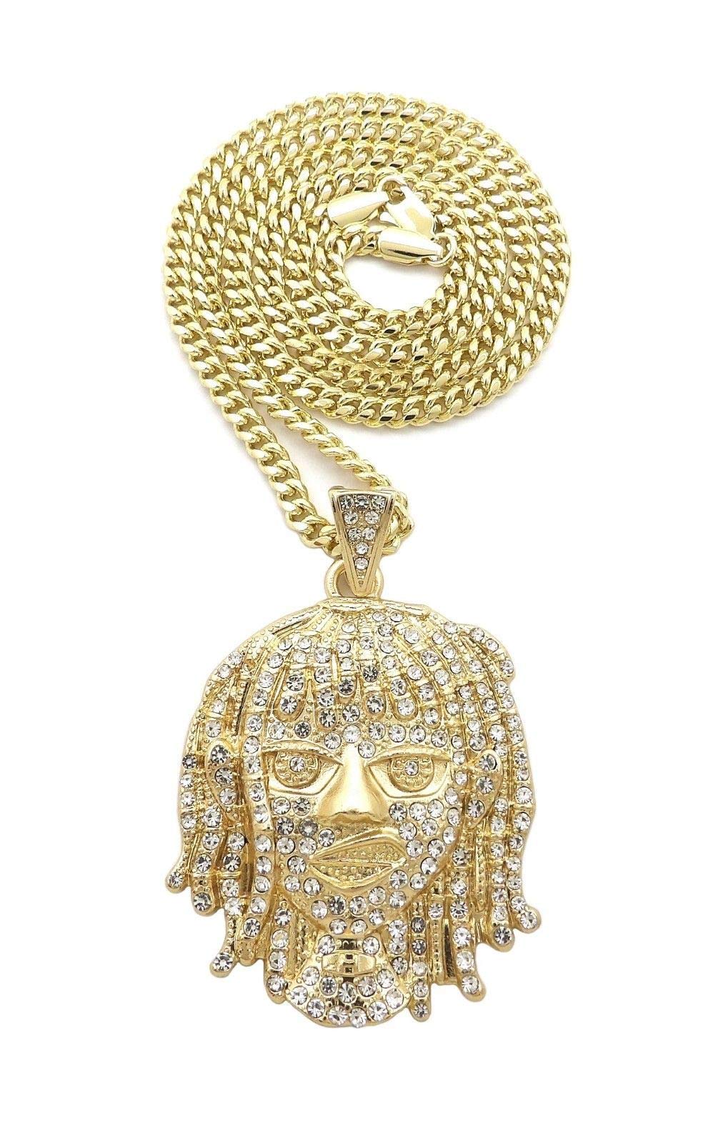 Pyramid JewelerMens Iced out Lil Pump Portrait Hip Hop Pendant & 24" Cuban Chain Necklace, Metal, Cubic Zirconia