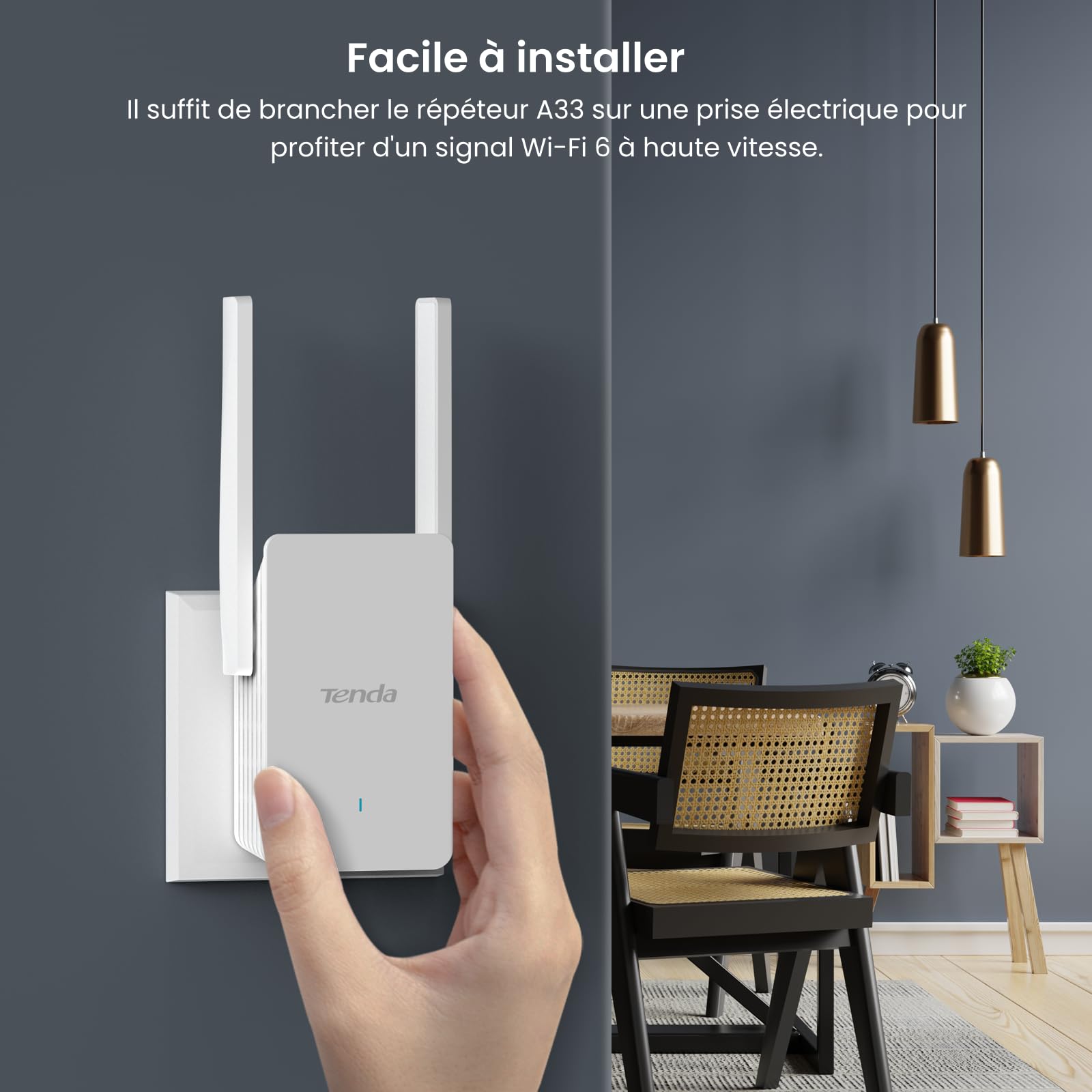 Tenda Répéteur WiFi 6 A33, Amplificateur WiFi AX3000 Mbps, Couvre jusqu'à 150 m², Compatible avec Les Routeurs, Mode AP, WPS, Voyant LED Intelligent