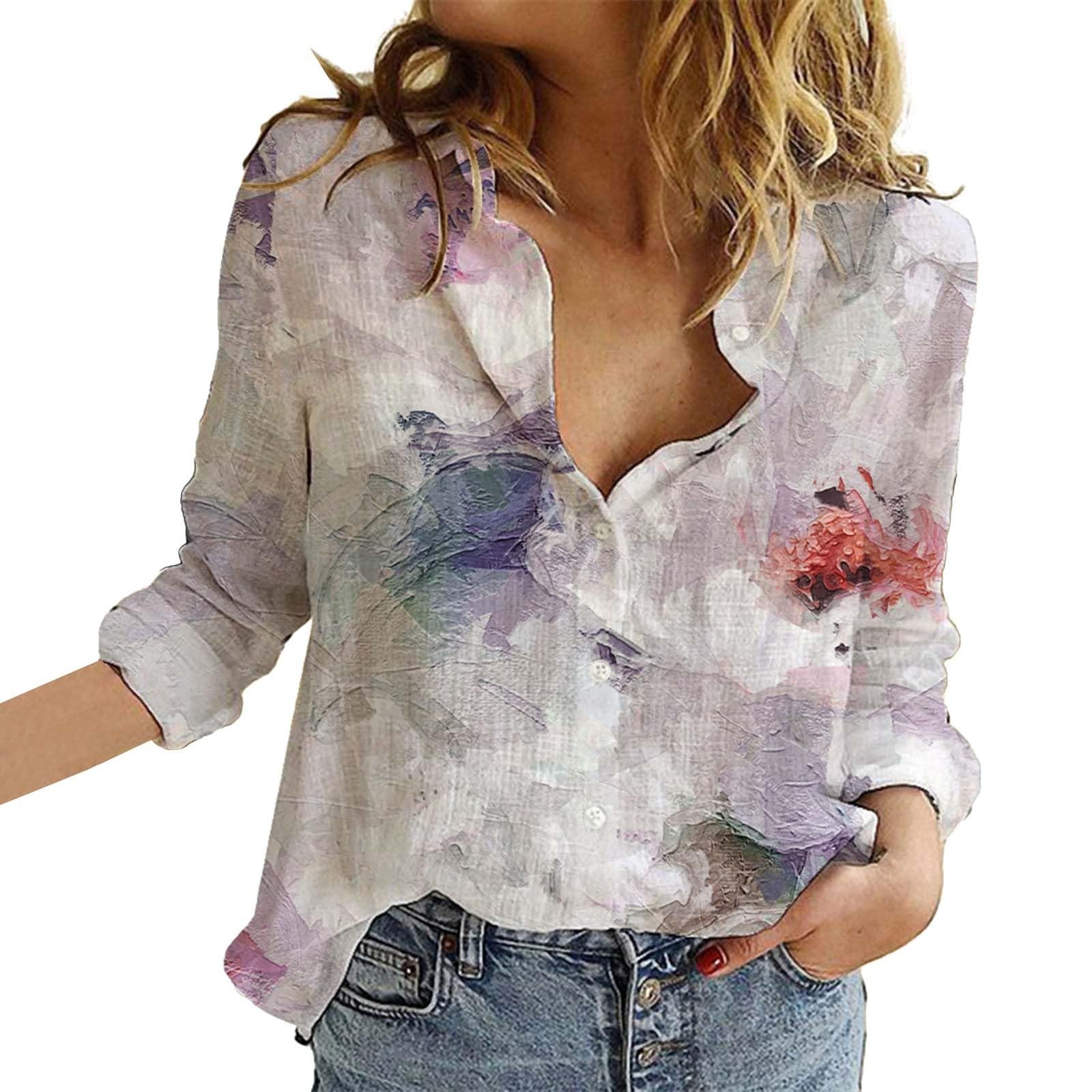 Women's Casual V Neck Boho Floral Print Roll Up Long Sleeve Chiffon Button Down Blouses Bohemian Top Shirts(Grey,X-Large)
