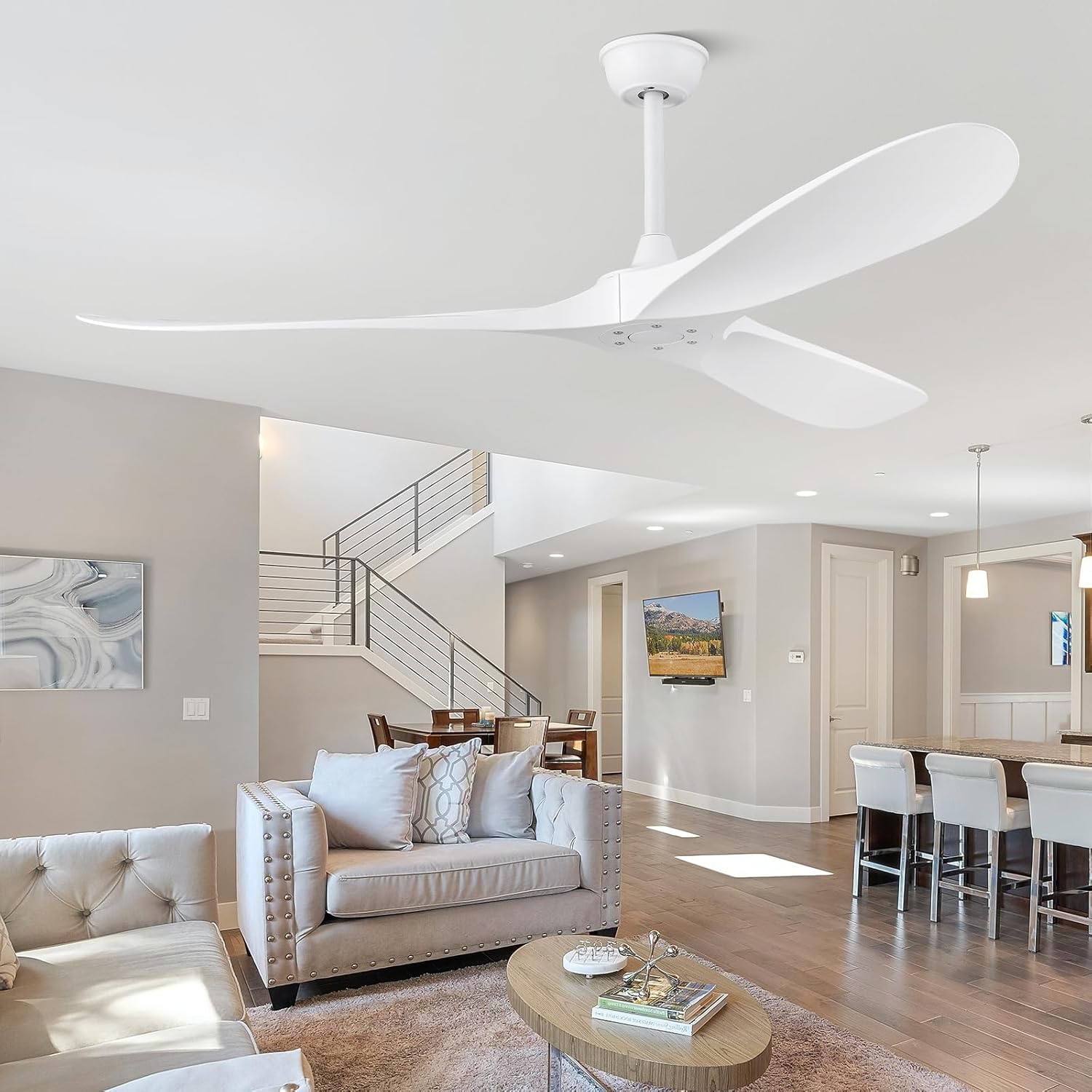 60'' Ceiling Fan No Light with Remote Control,Outdoor Ceiling Fan with DC Reversible and Silent Motor,3 Plastic Blades,Modern White Fan for Patios,Living Room,Bedroom