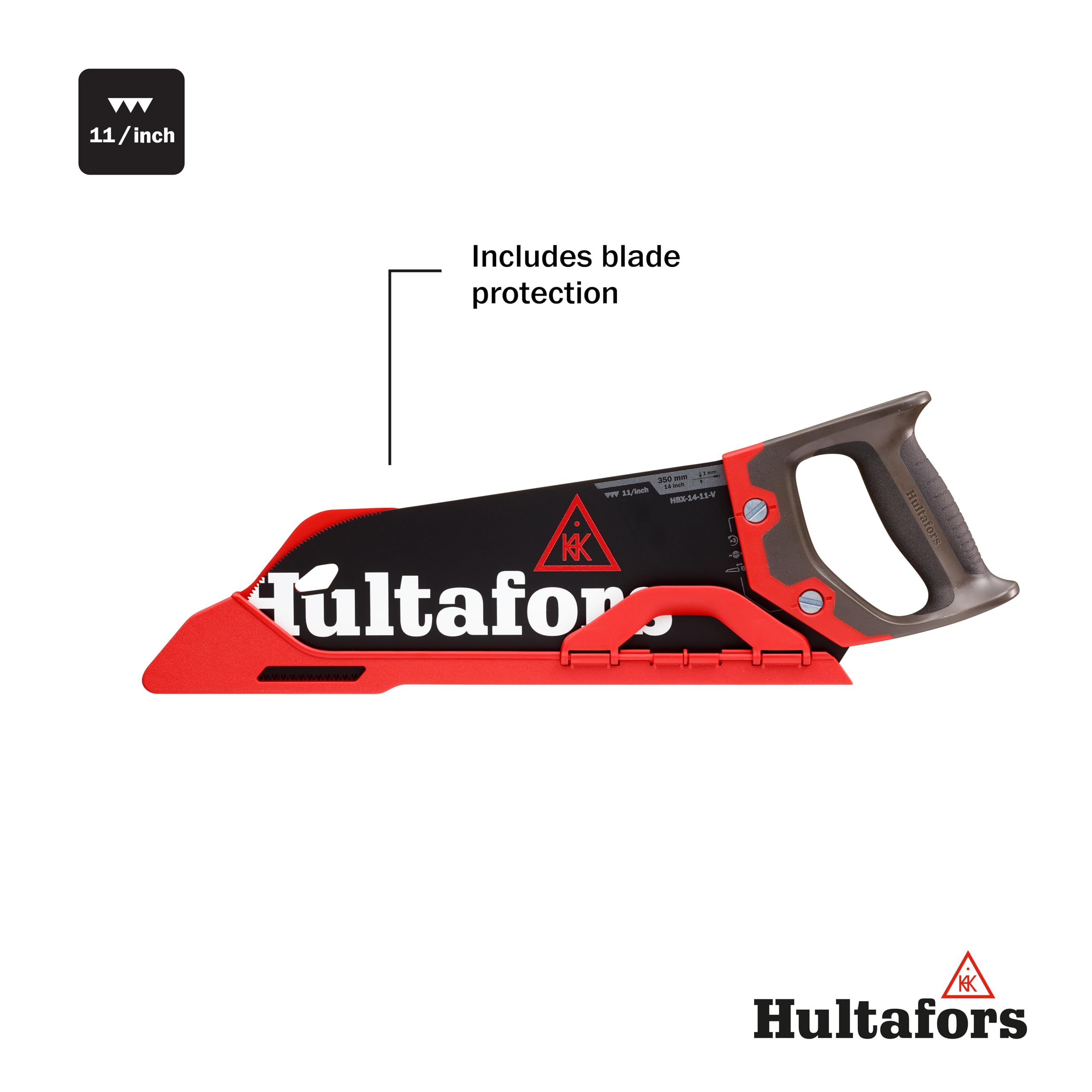 Sierra para chapas de 350 mm de Hultafors | 11 dientes por pulgada | Sierra para madera y laminados | Con mango ergonómico | Sierra de mano duradera con protector de hoja incluido | 590730