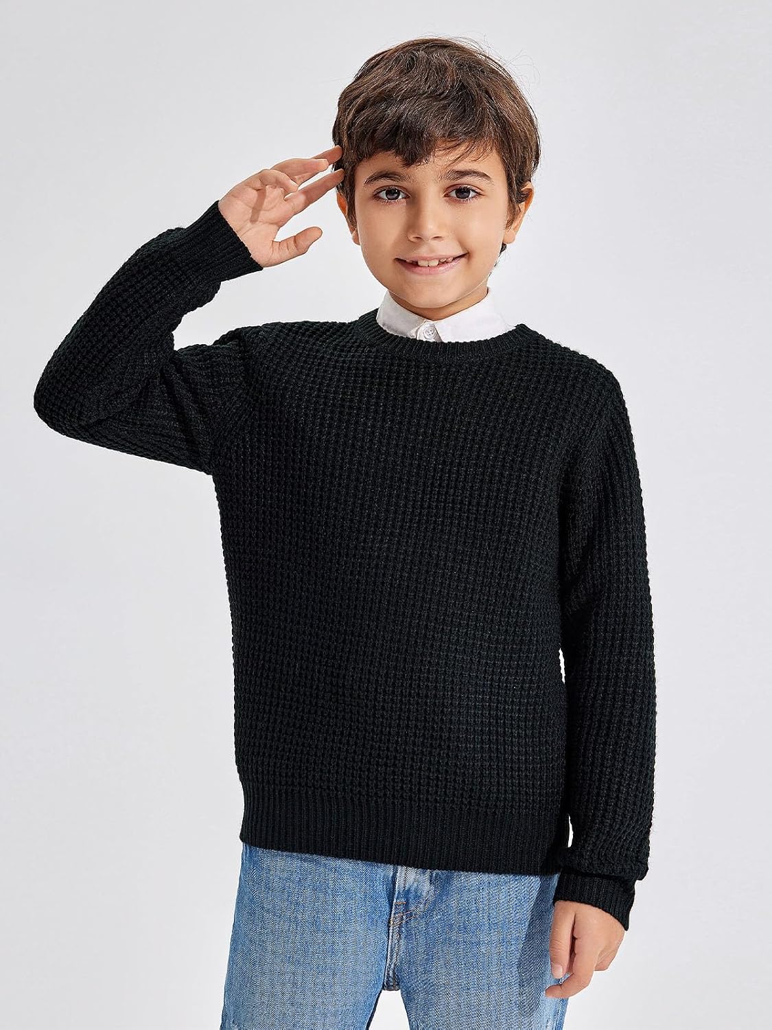 Haloumoning Boys Casual Pullover Sweaters Kids Chunky Crewneck Waffle Knit Jumper Tops 4-14 Years