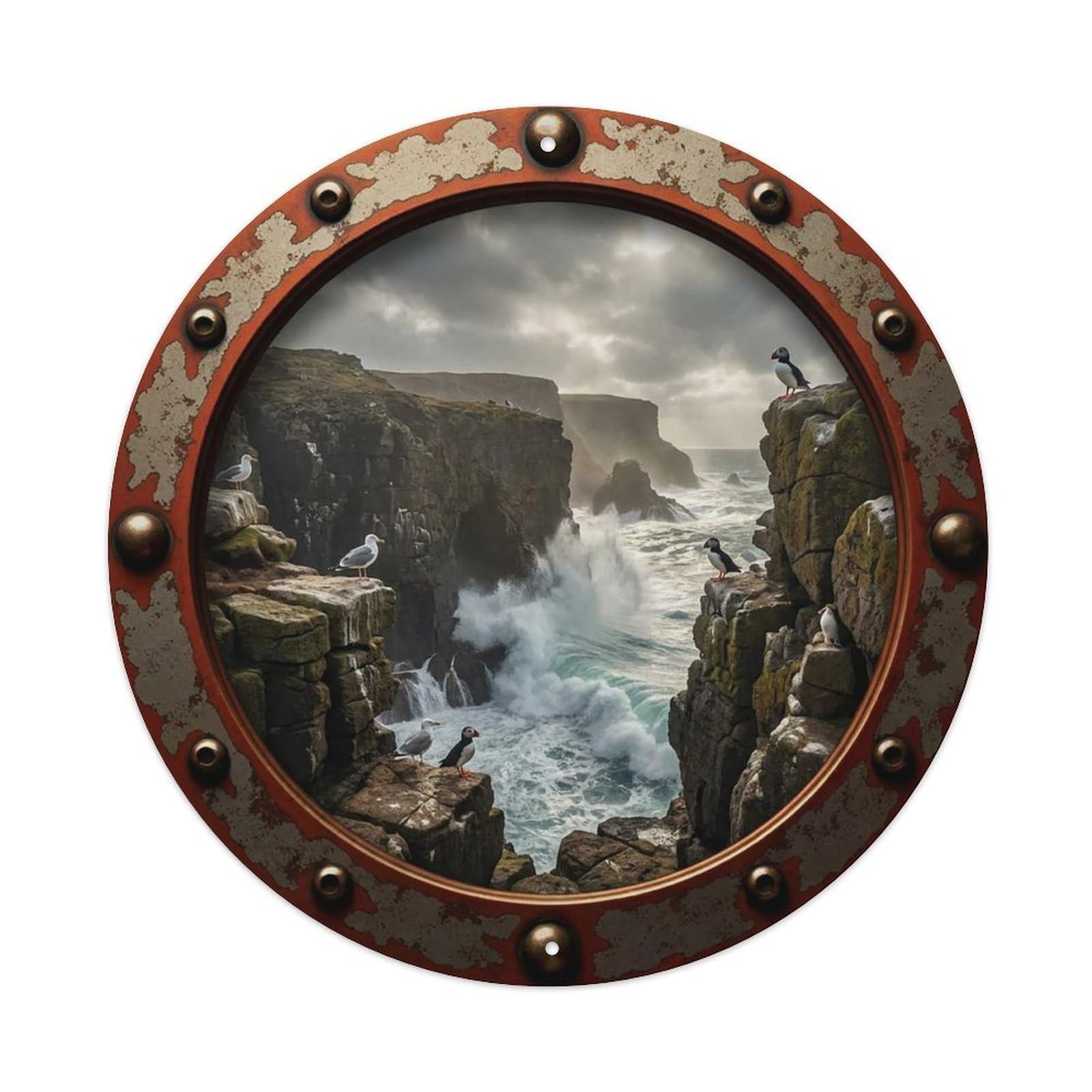 Vintage Porthole Coastal Cliff Rocks View Vintage Metal Tin Sign Plaque Wall Decor for Cafe, Club Bar, Office, Garden Metal Poster 8x8Inch