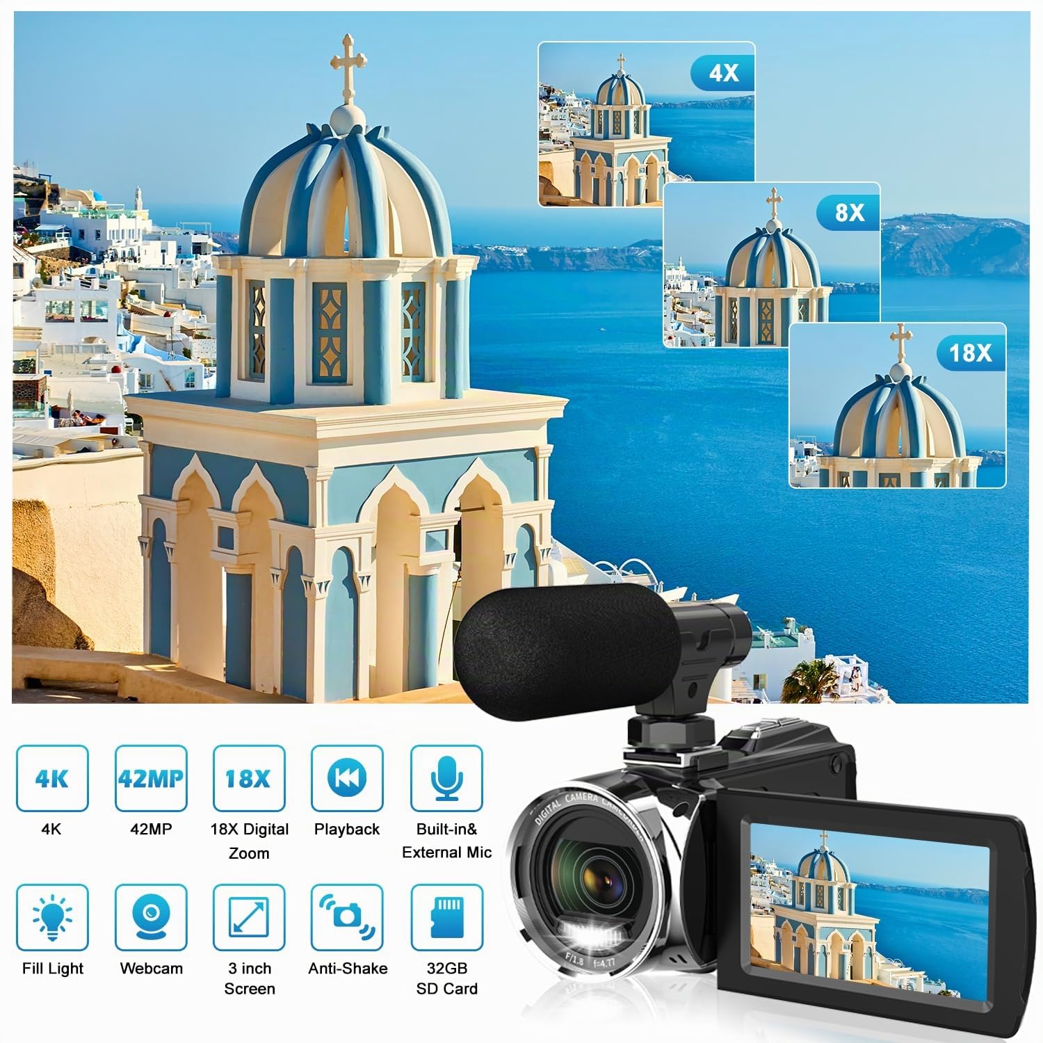 4K Caméra Vidéo Ultra HD 1080P pour Youtube, Zoom Numérique 18X, Écran IPS 3 Pouces Rotatif à 270°, Microphone Intégré