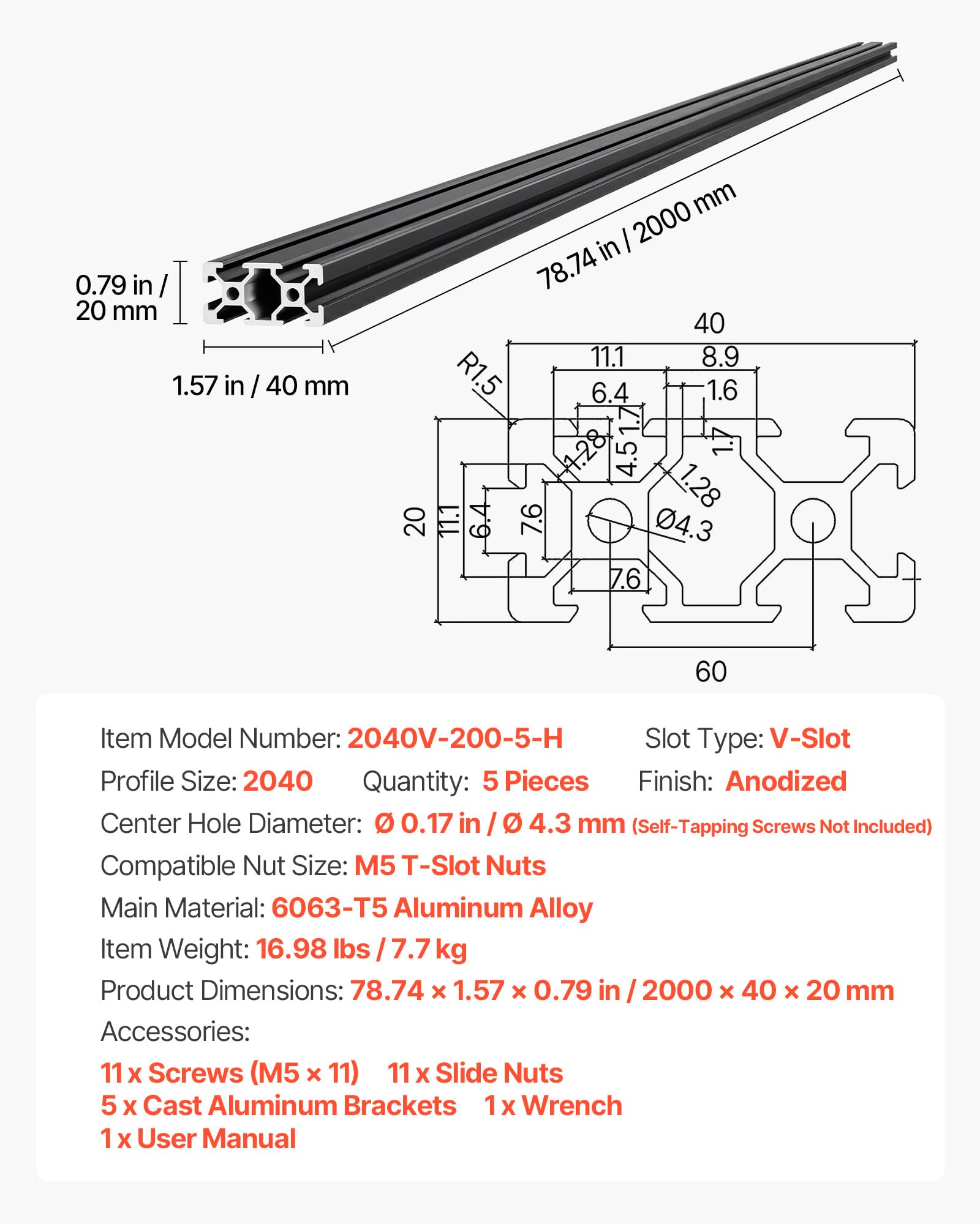 VEVOR 2040 Aluminium Profile 6 Stk. 2 m, Eloxierte V-Nut-Aluprofile nach EU-Standard, Hochfeste Strangpressprofile, Aluminiumschiene für 3D-Druckerteile, CNC-DIY-Werkbänke und Montage, Schwarz