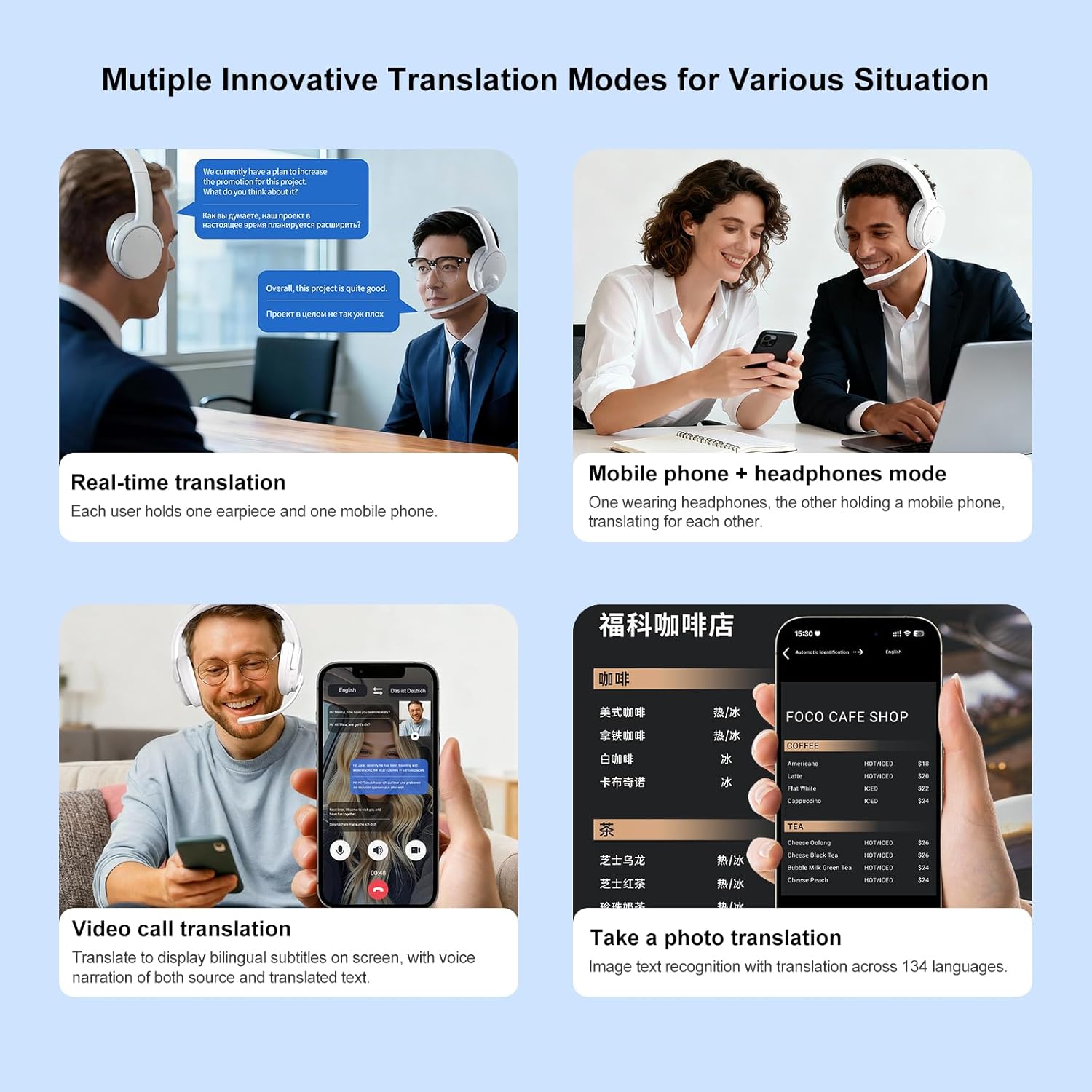 Bluetooth Wireless Headphones with AI Translation Real Time, Meeting Recording + TF Card, Ear Return, 144 Languages Learning, Bluetooth 5.3 for Remote Meetings, Online Courses –White