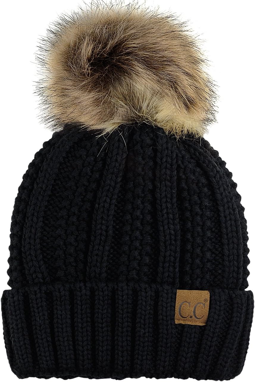 Thick Cable Knit Faux Fuzzy Fur Pom Fleece Lined Skull Cap Cuff Beanie