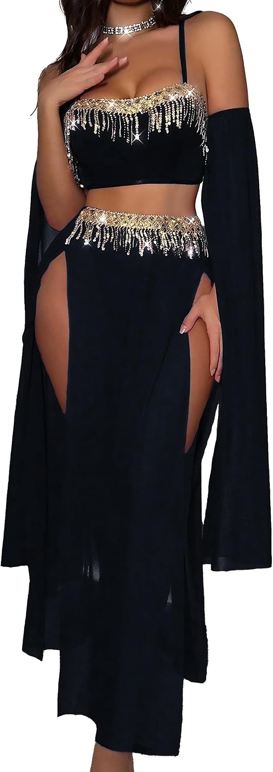 FEOYA Women's Sexy Exotic Belly Dancer Costume Mesh Slit Skirt Thong Long Sleeve Tassel Crop Top Roleplay Lingerie Set