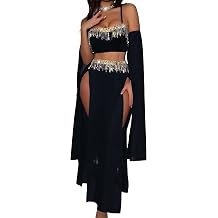 FEOYA Womens Sexy Exotic Belly Dancer Costume Mesh Slit Skirt Thong Long Sleeve Tassel Crop Top Roleplay Lingerie Set
