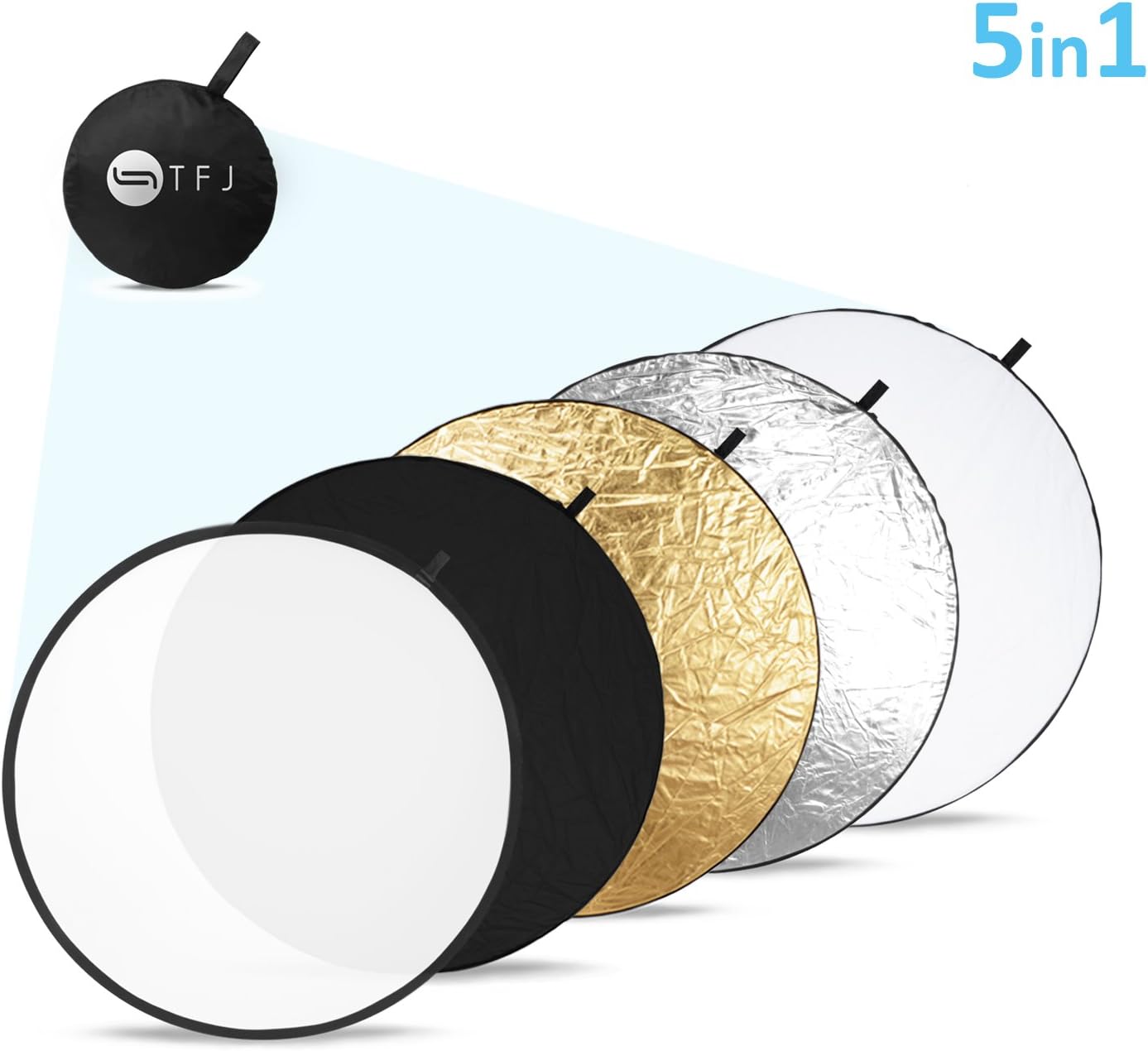 Portable Light Reflector 42-inch 107cm TFJ 5-in-1 Collapsible Multi Disc Light Reflector Diffuser Kit with Bag - Soft Translucent, Black, Gold, Silver, White Round Reflector