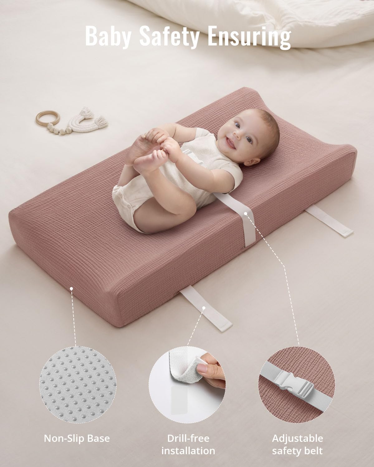 Blissful Diary Matelas à langer en mousseline avec doublure imperméable en mousse, tapis à langer avec housse pour commode (rose poudré, rectangulaire)