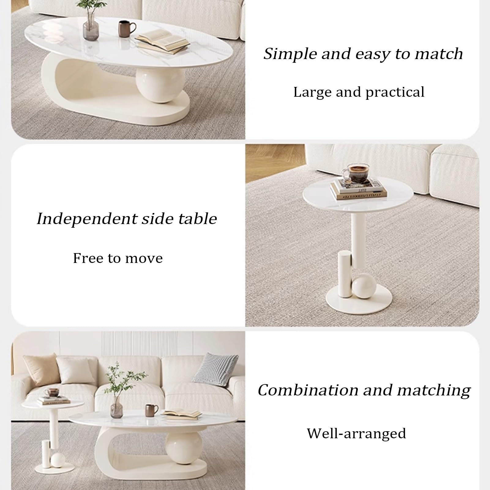 Ineinander stapelbares Couchtisch-Set, mit Schubladen, in Zwei Ausführungen erhältlich, bodenstehendes Design, halbmondförmiges Couchtisch-Set, 2 Stück, weiß (WeißA, 47 Zoll + 20 Zoll)
