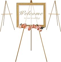 VISWIN 3 Pcs 160cm H Wooden Tripod Easel Display Stand for Wedding Sign, Poster, Artist Easel A-Frame Floor with Tray for Painting, Canvas, Folding Easel – Gold