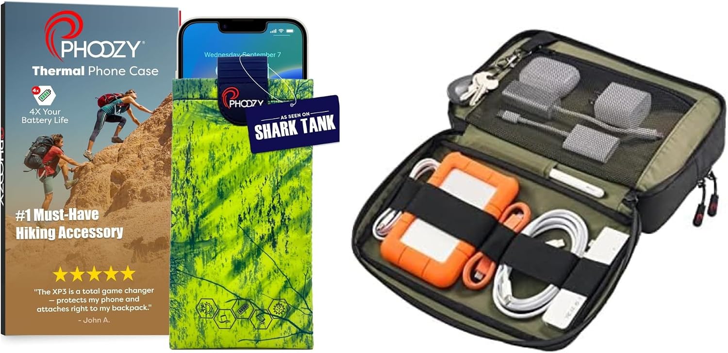 PHOOZY Thermal Phone Case - XP3 Series (Large Green) + Tech Bag & Cable Organizer Bag for Travel Accessories (Black)