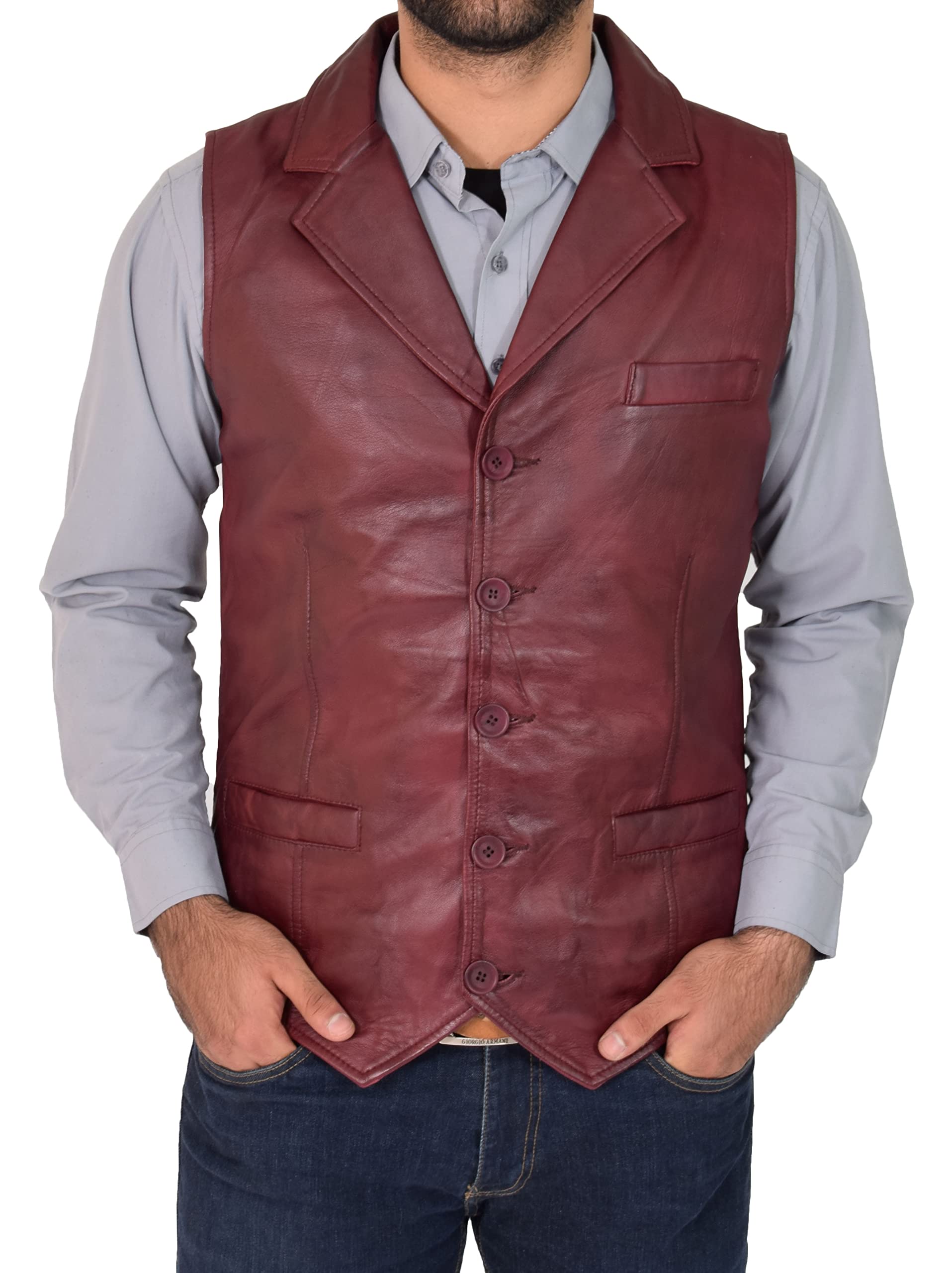Mens Real Leather Gilet Classic Vest Button Fastening Waistcoat Calvin (3XL, Burgundy)