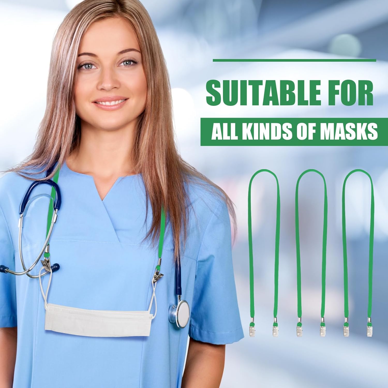 Patelai 100 Pack Double Clip Lanyards Bulk Face Mask Lanyard Twist Free 2 Hook Design Adjustable Badge Neck Strap for ID Name Badge Holder Back to School Conference Office Class Essential (Green)