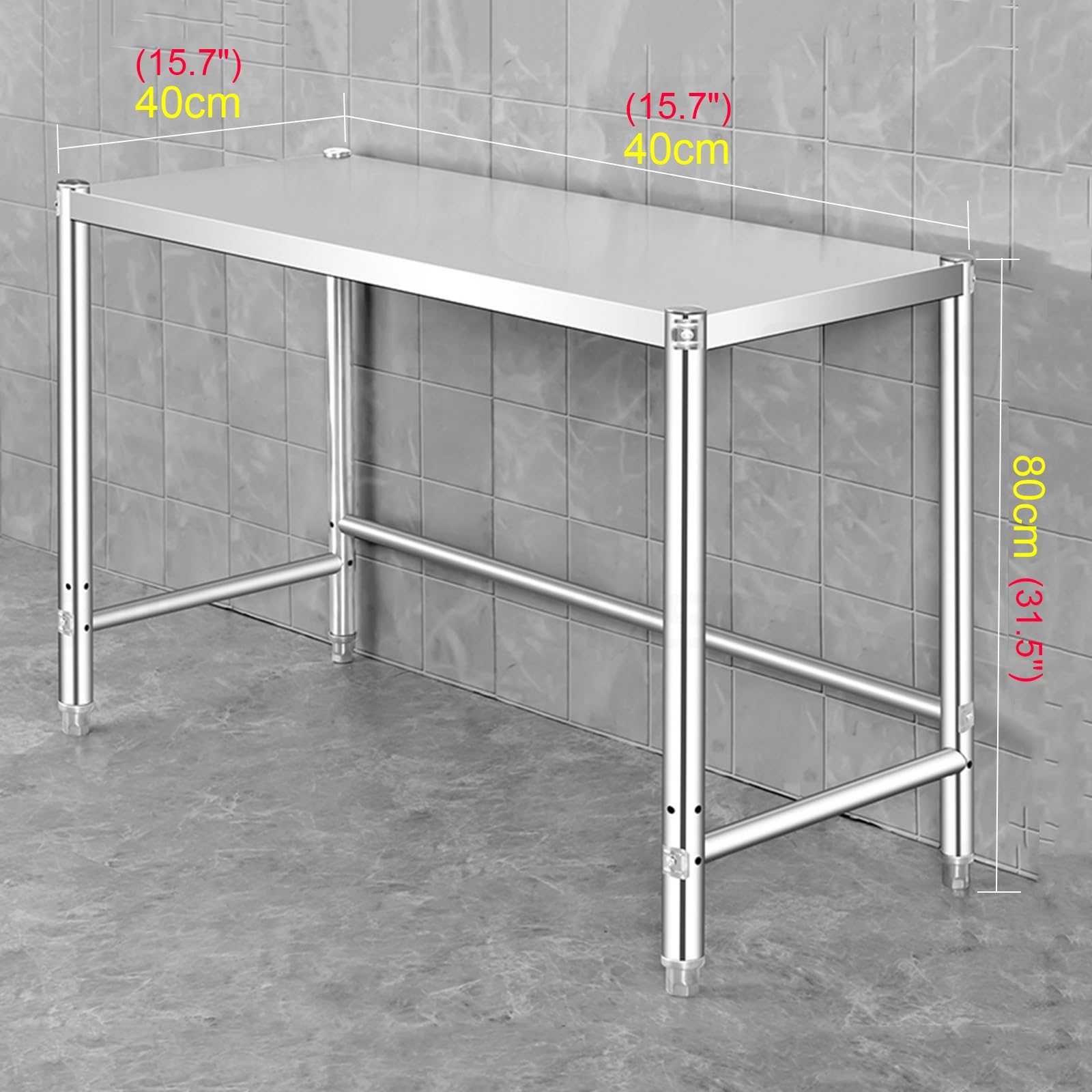 Mesa de preparación de cocina comercial de acero inoxidable, mesa de trabajo de metal de un solo nivel con fijación triangular con bisagras, estante de almacenamiento abierto resistente, estable y