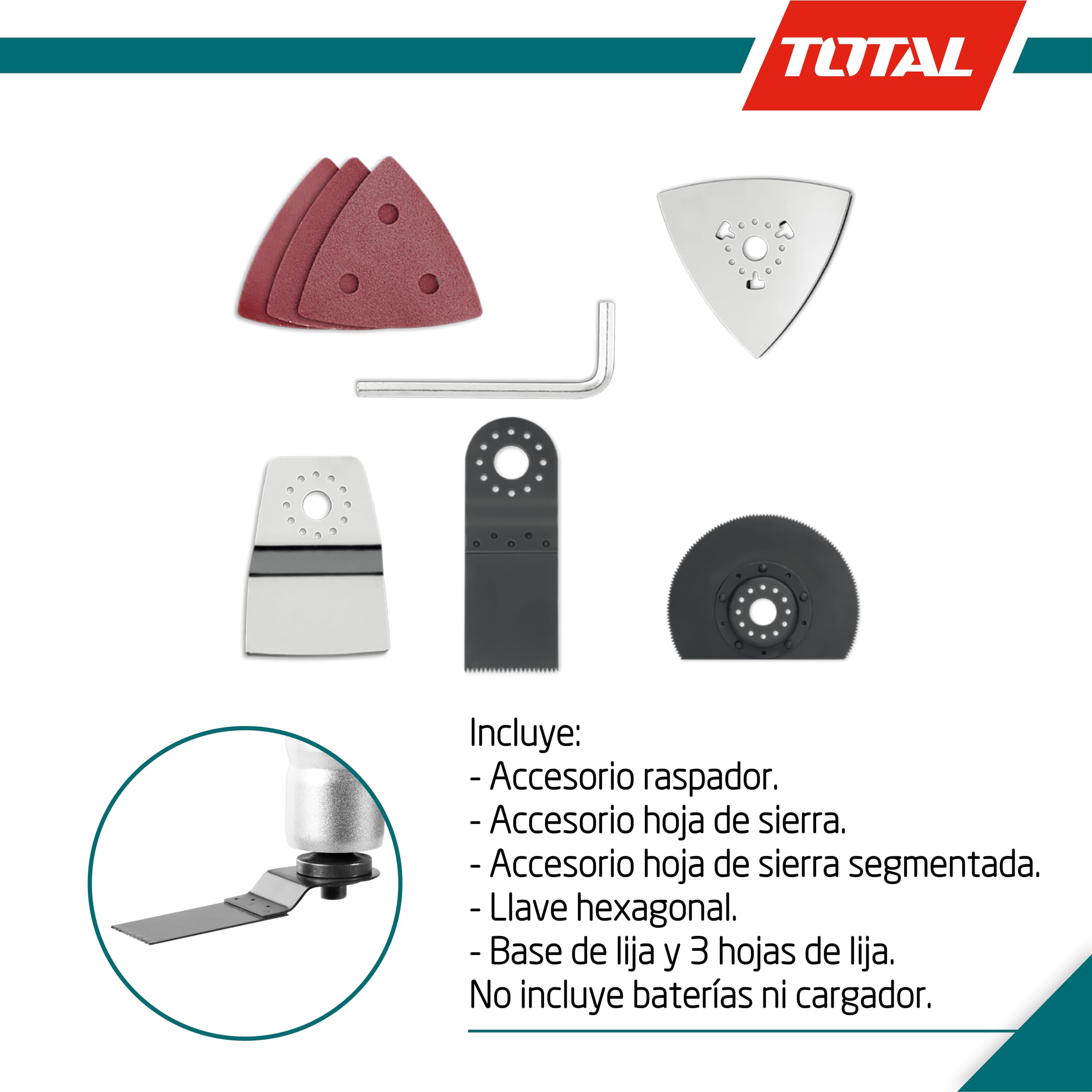 TOTAL - Multiherramienta Eléctrica - A Batería P20S 20 V - Incluye Raspador, Sierra, Sierra Segmentada, Llave Hexagonal y Base de Lija - Incluye 3 Hojas de Lija - Velocidad Regulable