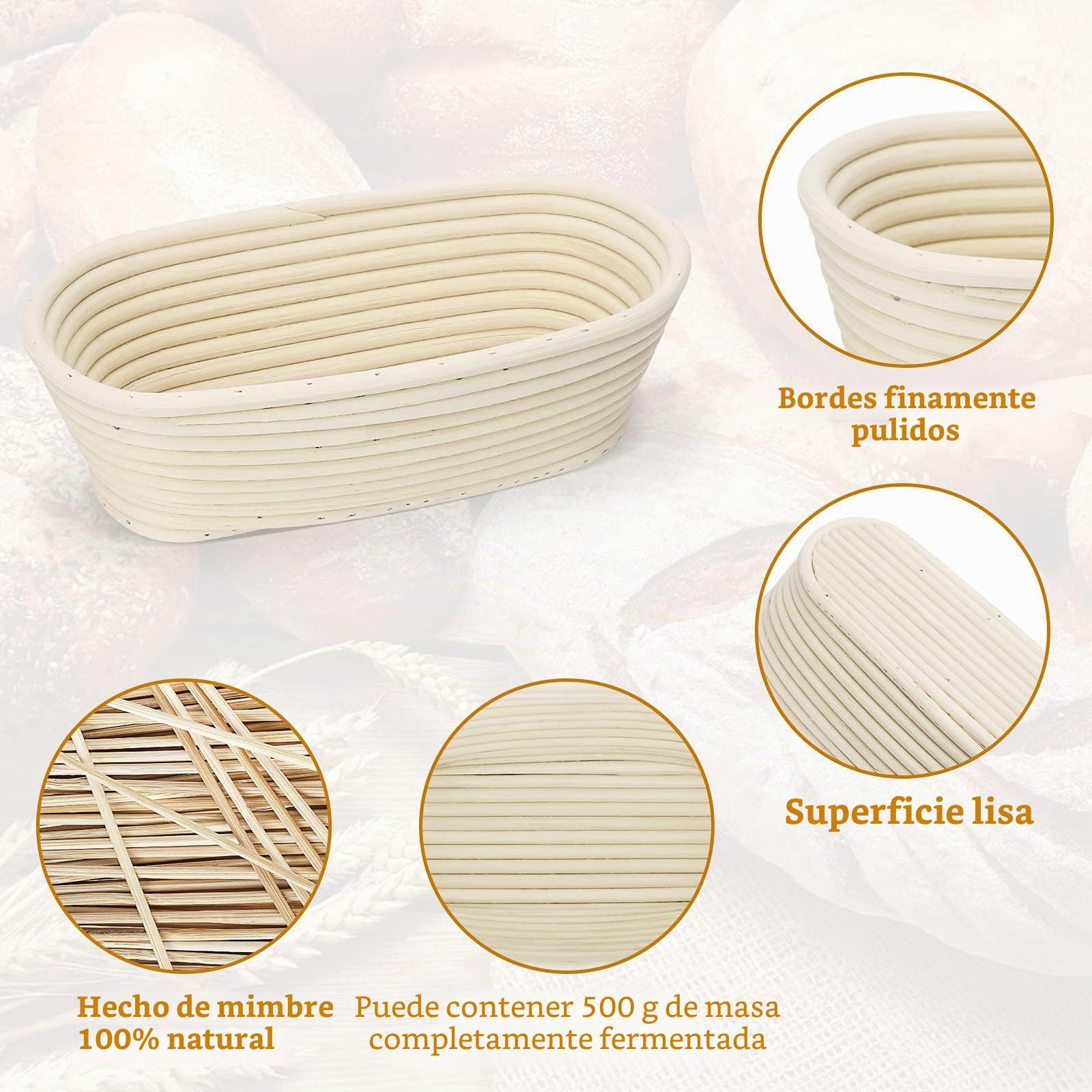 Banetones Pan 25cm Ovalado, Cesta Fermentacion Pan con Rascador y Lino de Ratán Natural