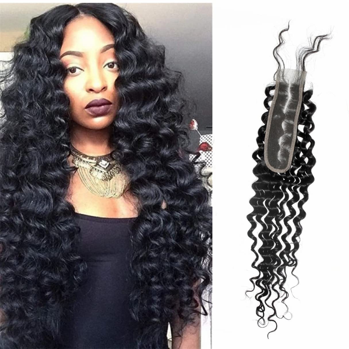 Brazilian Deep Wave 2x6 Lace Closure 100% Unprocessed Human Virgin Hair Deep Curly Closure Pre-Plucked Hairline Loose Deep Closure With Baby Hair (20inch, 2x6 deep wave closure)