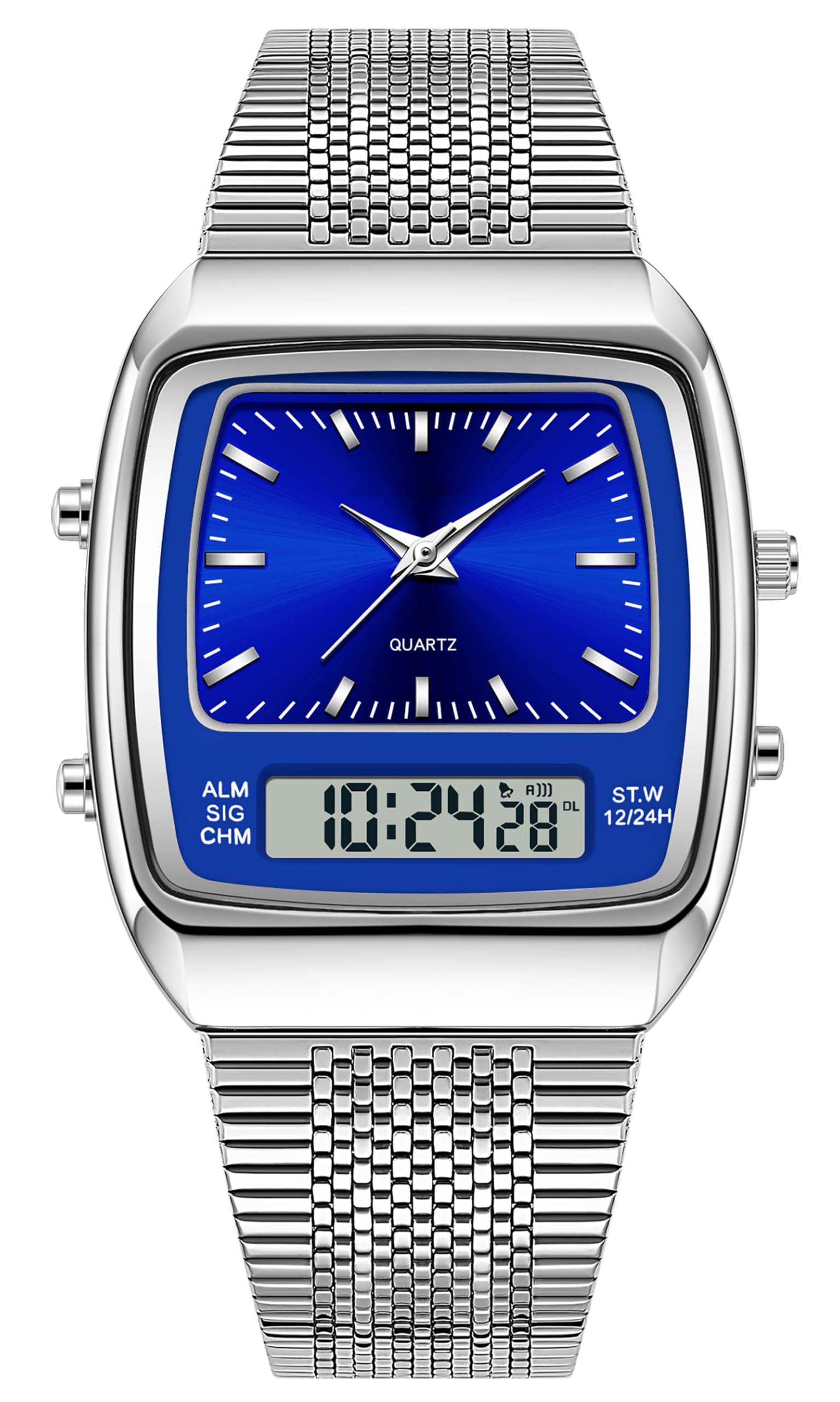 findtime Orologio da polso da uomo e donna, impermeabile, analogico, digitale, cinturino unico, con sveglia, retro a LED, multi-fuso orario, rettangolare, orologio da polso