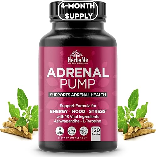 HerbaMe Suplemento de salud de apoyo suprarrenal, administrador de cortisol con Ashwagandha y L-tirosina, 120 cápsulas, ayuda a mantener niveles