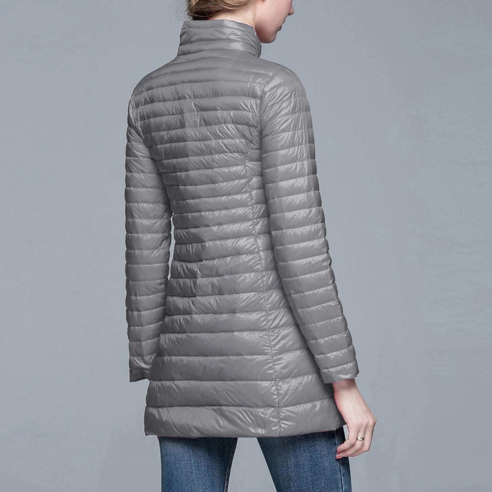 Generisch Abrigo acolchado ligero para mujer, largo, con capucha extraíble, chaqueta de entretiempo, abrigo de invierno, aspecto de plumón, forro cálido, chaqueta acolchada con bolsa