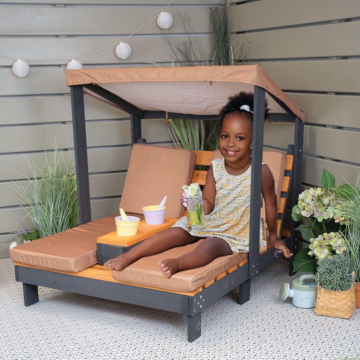 Meppi Chaise Longue Double pour Enfants Bornholm en Bois avec Porte-gobelet et Protection Solaire, pour Jardin