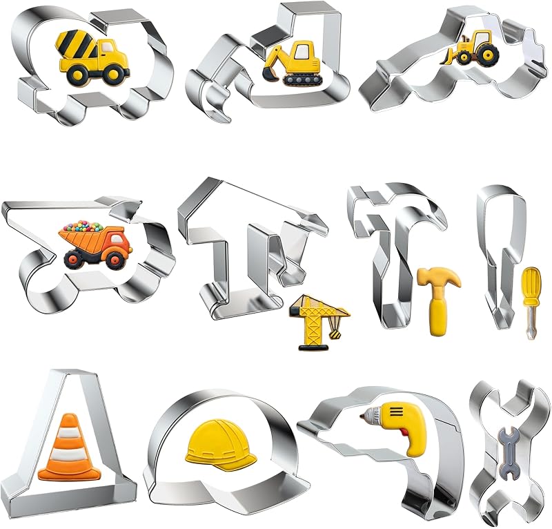 Juego de 11 cortadores de galletas de construcción, excavadora, topadora, camión volquete, grúa, martillo, llave, taladro, casco de seguridad, herramientas de construcción, cortadores, juego de moldes para fiesta temática de construcción