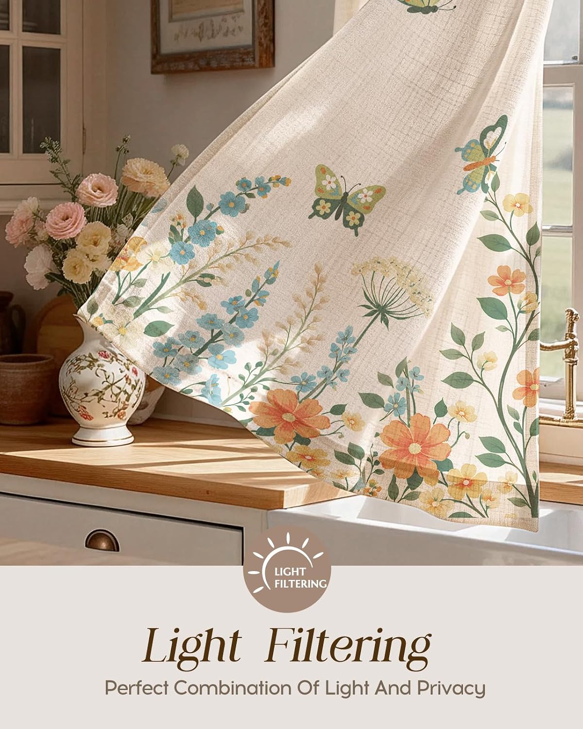 Miss Adola Butterfly Kitchen Tier Curtains - 36 Inch Length Linen Blend Boho Cafe Curtains Farmhouse Small Window Treatments Over Sink Rod Pocket for Bathroom Living Room Light Filtering, 2 Panels
