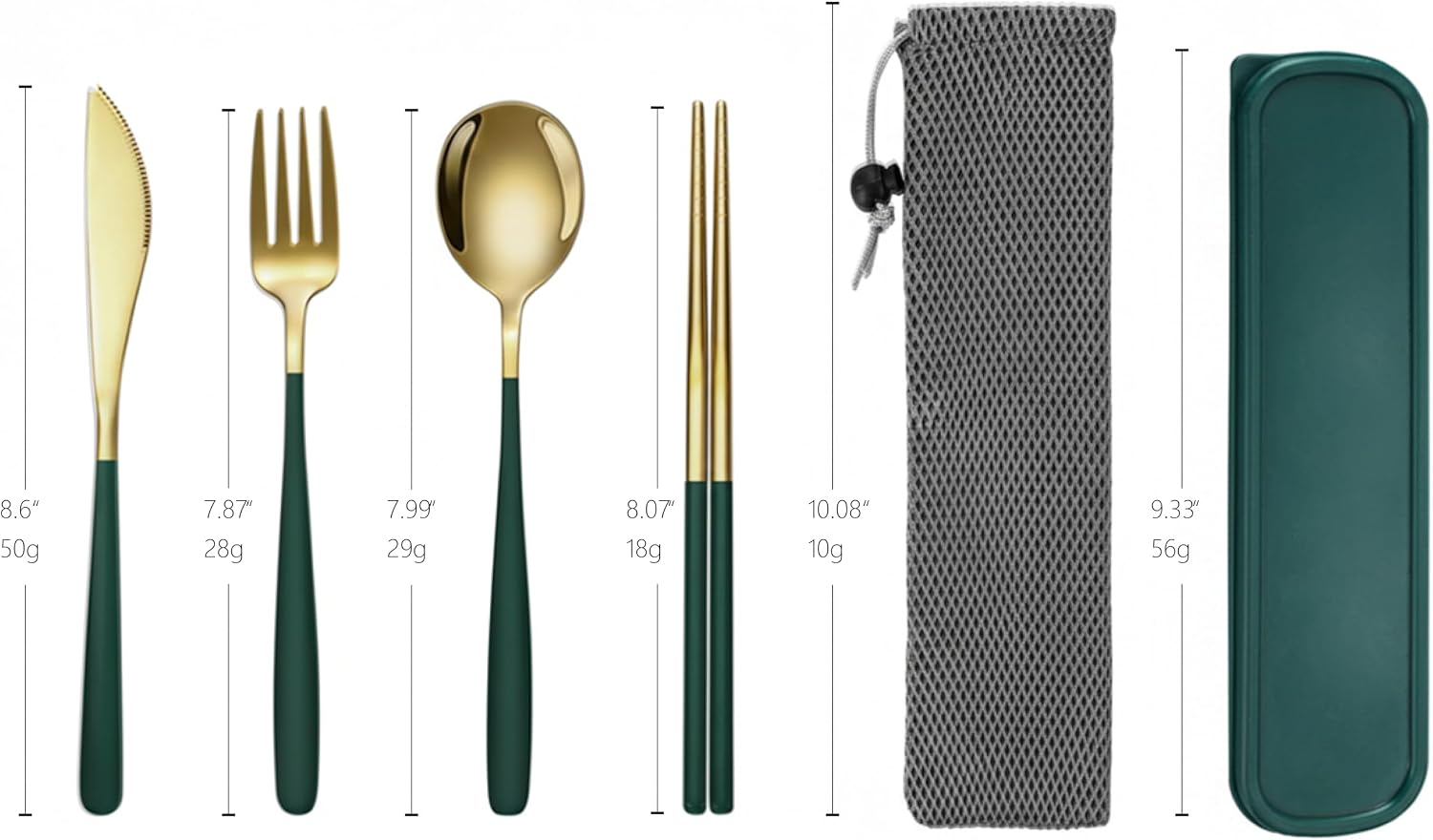 Travel Utensils with Case, Portable Stainless Steel Silverware Set for Work Lunch Box, Camping CutlerySet with Knife Fork Spoon Chopsticks, Reusable Flatware for Picnic Hiking, Gold Green