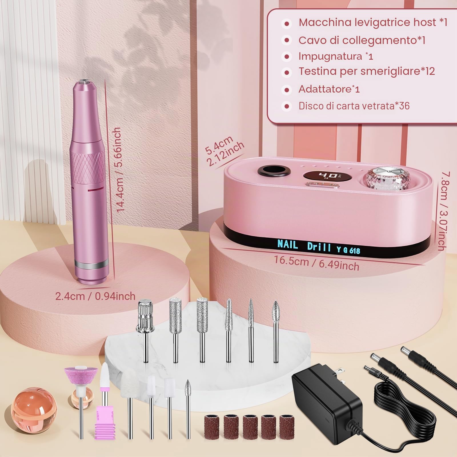 Fresa per unghie in gel, fresa elettrica professionale 40000U/M, fresa per manicure e pedicure, set fresa per unghie per diverse esigenze di manicure e pedicure, non ricaricabile (rosa)