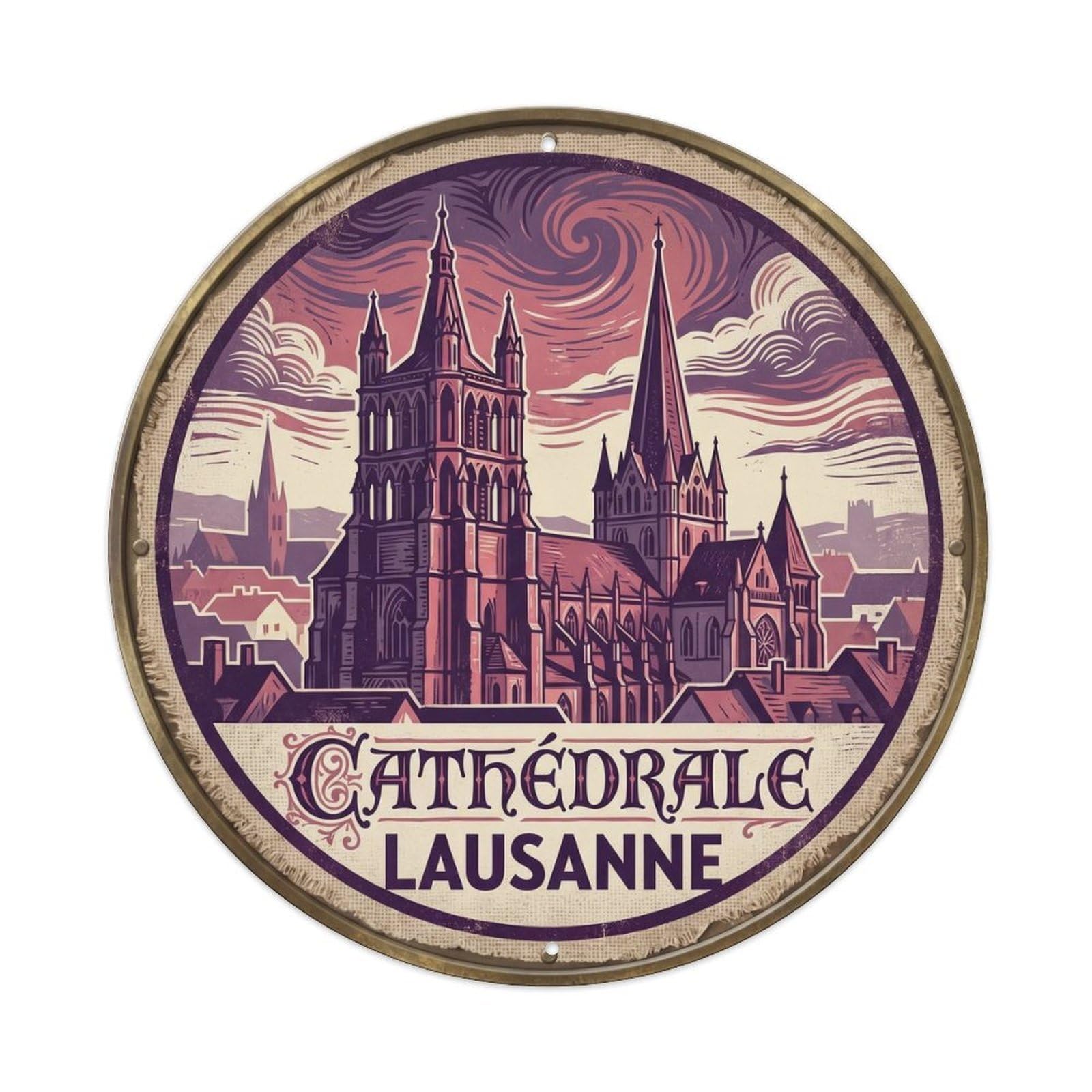 Cmhok Vintage Style-29 Vintage Travel Lausanne Switzerland Artwork Metal Tin Sign Plaque Wall Decor For Cafe, Club, Garden Round Metal Poster 8X8inch