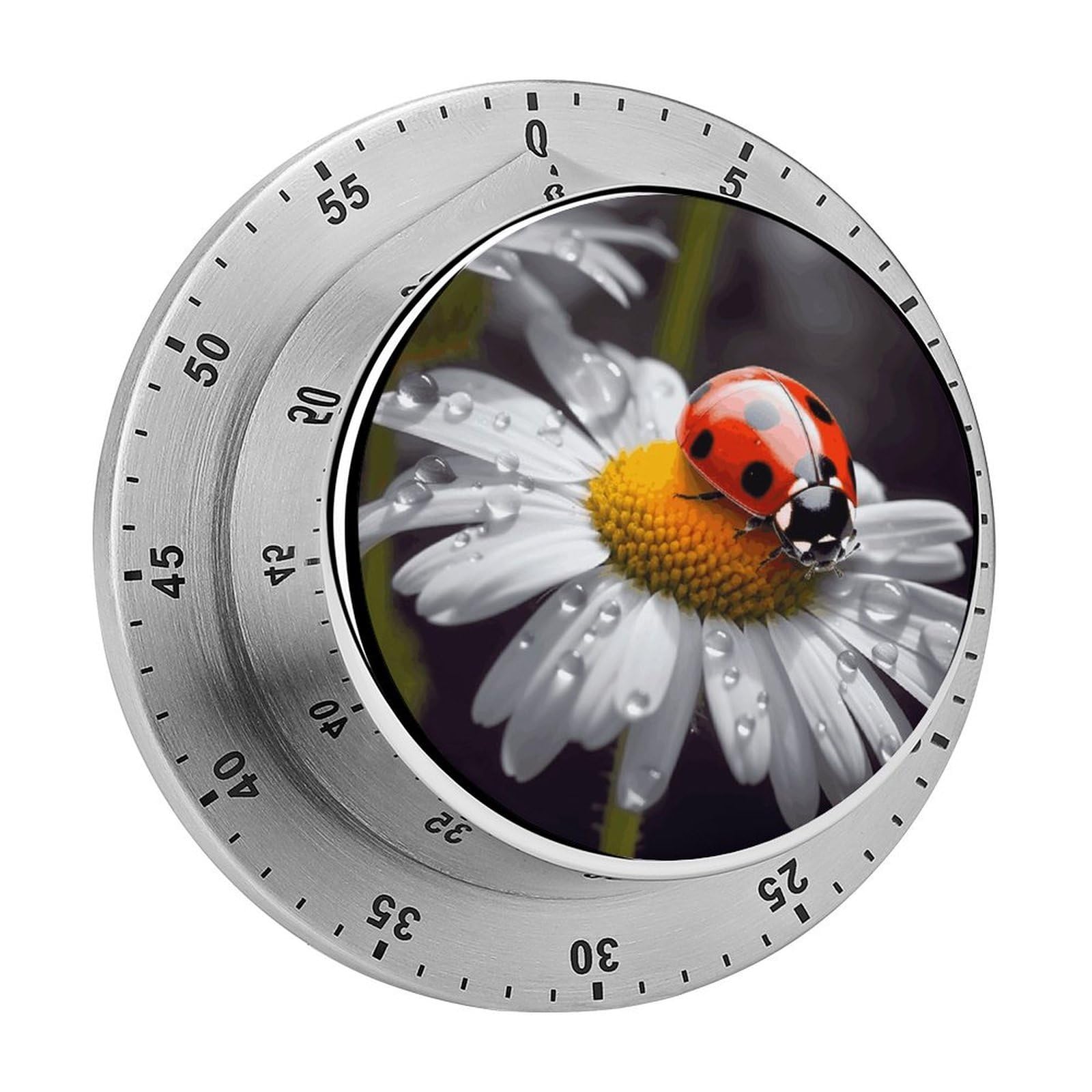 Ladybug on Daisy Flower Timers Adsorbable Stainless Steel Kitchen Timer Loud 60 Minute Visual Timer Portable Manual Countdown Timers Alarm Clock Time Management Tool for Home Work