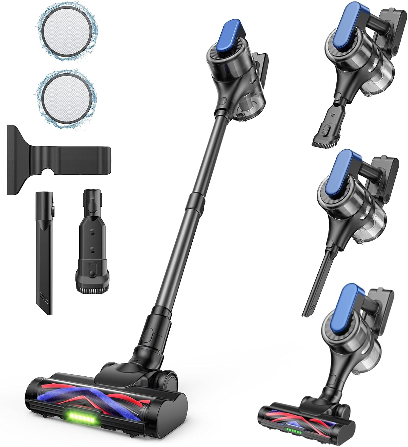 Vacfore Cordless Stick Vacuum Cleaner – 3-in-1 Brush Roll for Hard Floors and Carpets, 55 Min Runtime Rechargeable Lightweight Vacuum with Green LED Headlight for Pet Hair and Dust Cleaning