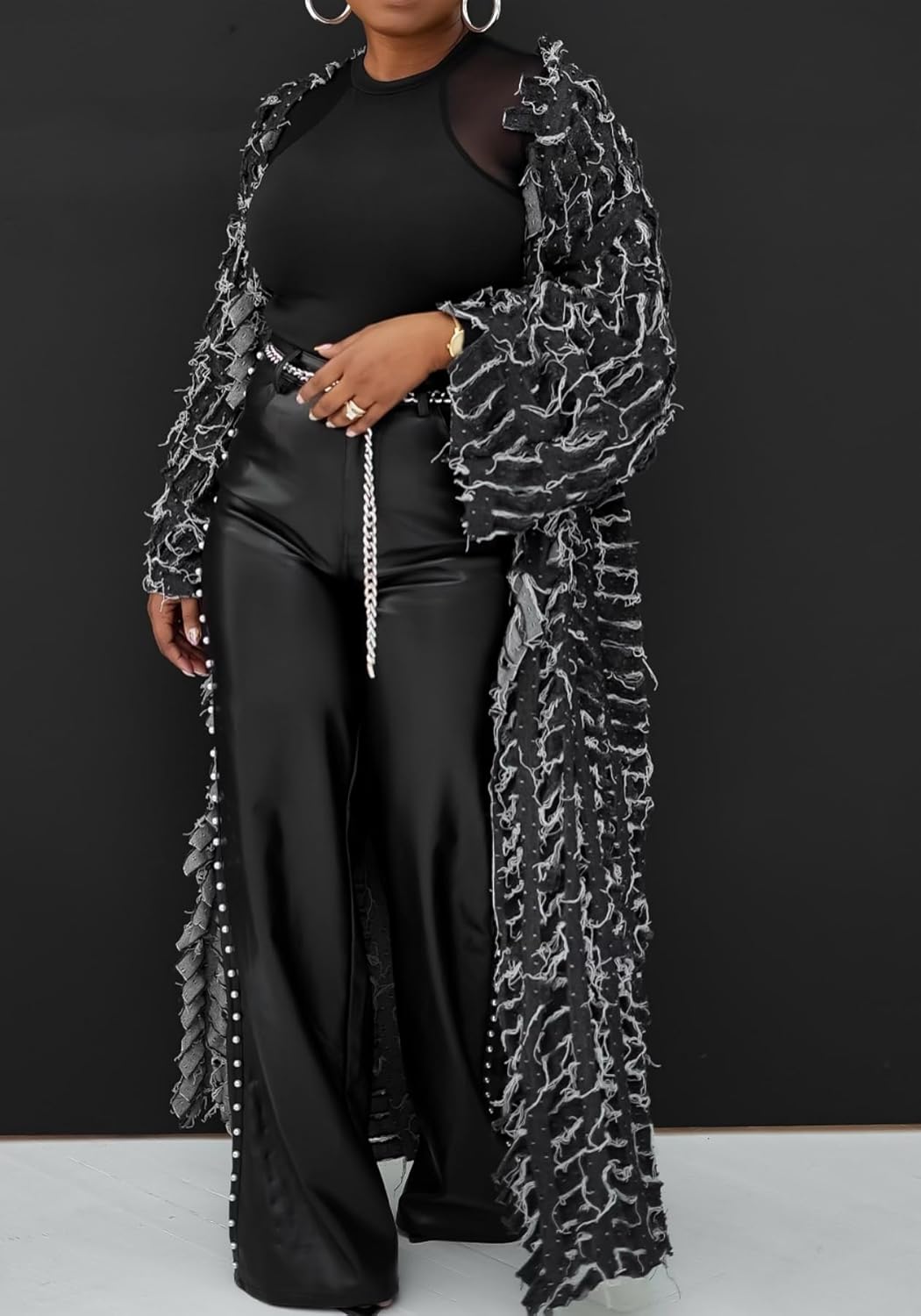 Women Distressed Maxi Denim Duster Cardigan Ripped Lightweight Long Sleeve Hollow Out Open Front Long Jean Jacket