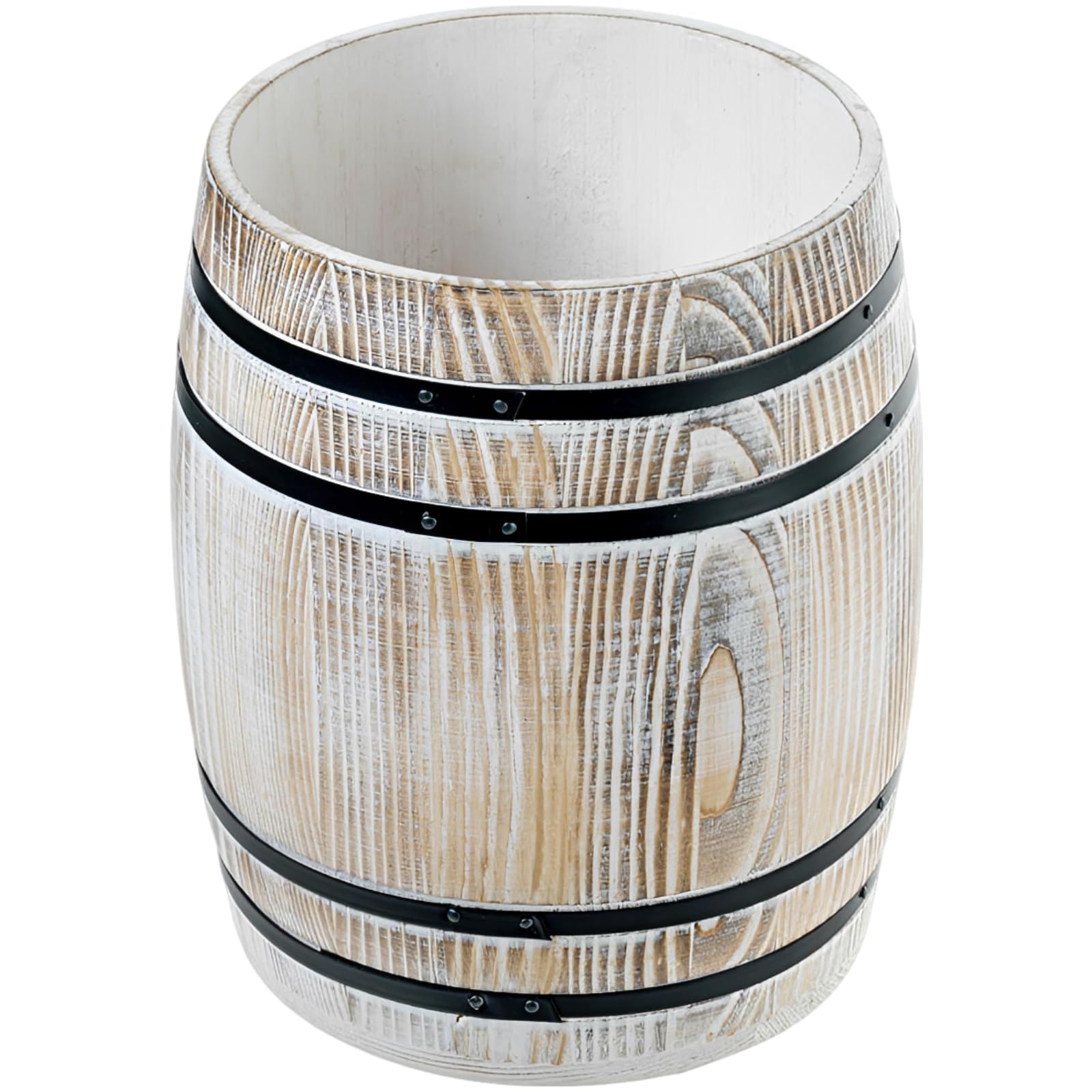 Besteckhalter aus weiß gekalktem Holz, Vintage-Weinkübel-Design, rustikaler Besteckständer für Küchenarbeitsplatten, massiver Holzorganizer im Landhausstil mit schwarzen Metallreifen