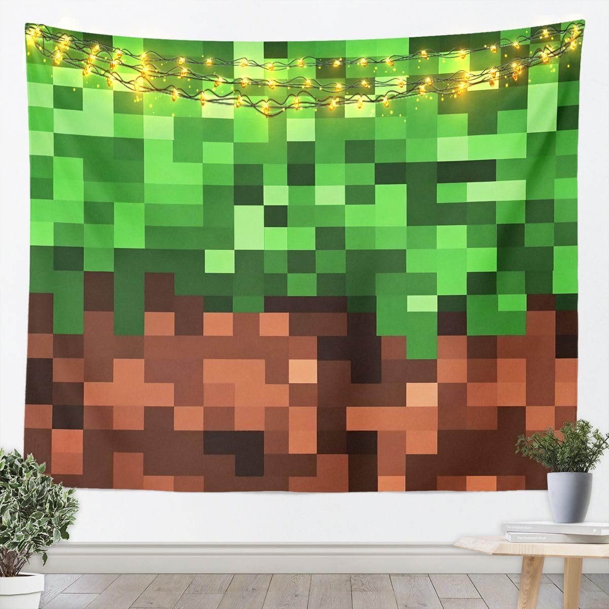Manfei Pixel Games Kids Tapestry,Pixel Grid Grass Block Pattern Wall Tapestries,Girls Boys Room Decor,Block Building Style Wall Tapestries,Brown and Green Home Wall Decor,XLarge 70.9 x 92.5 Inches