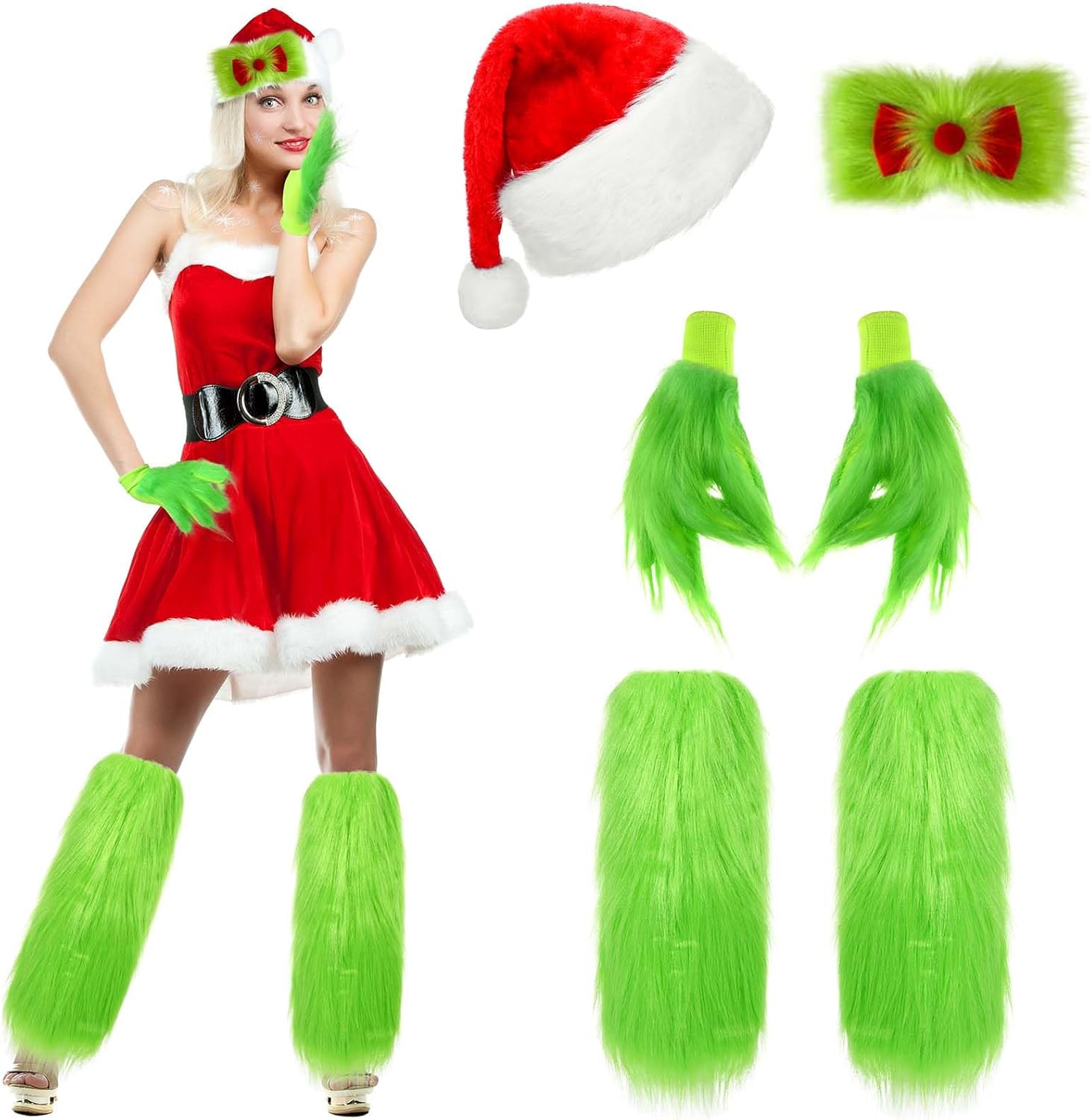 4 Pcs Christmas Green Monster Santa Costume with Christmas Hat Fuzzy Faux Leg Hand Gloves Furry Hair Bow for Winter Holiday Xmas Dressing Props